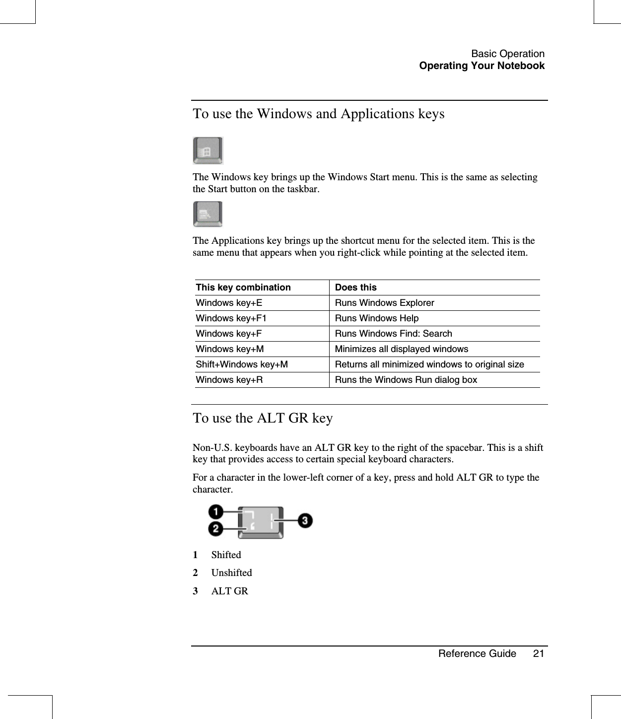 Basic OperationOperating Your NotebookReference Guide 21To use the Windows and Applications keysThe Windows key brings up the Windows Start menu. This is the same as selectingthe Start button on the taskbar.The Applications key brings up the shortcut menu for the selected item. This is thesame menu that appears when you right-click while pointing at the selected item.This key combination Does thisWindows key+E Runs Windows ExplorerWindows key+F1 Runs Windows HelpWindows key+F Runs Windows Find: SearchWindows key+M Minimizes all displayed windowsShift+Windows key+M Returns all minimized windows to original sizeWindows key+R Runs the Windows Run dialog boxTo use the ALT GR keyNon-U.S. keyboards have an ALT GR key to the right of the spacebar. This is a shiftkey that provides access to certain special keyboard characters.For a character in the lower-left corner of a key, press and hold ALT GR to type thecharacter.1Shifted2Unshifted3ALT GR