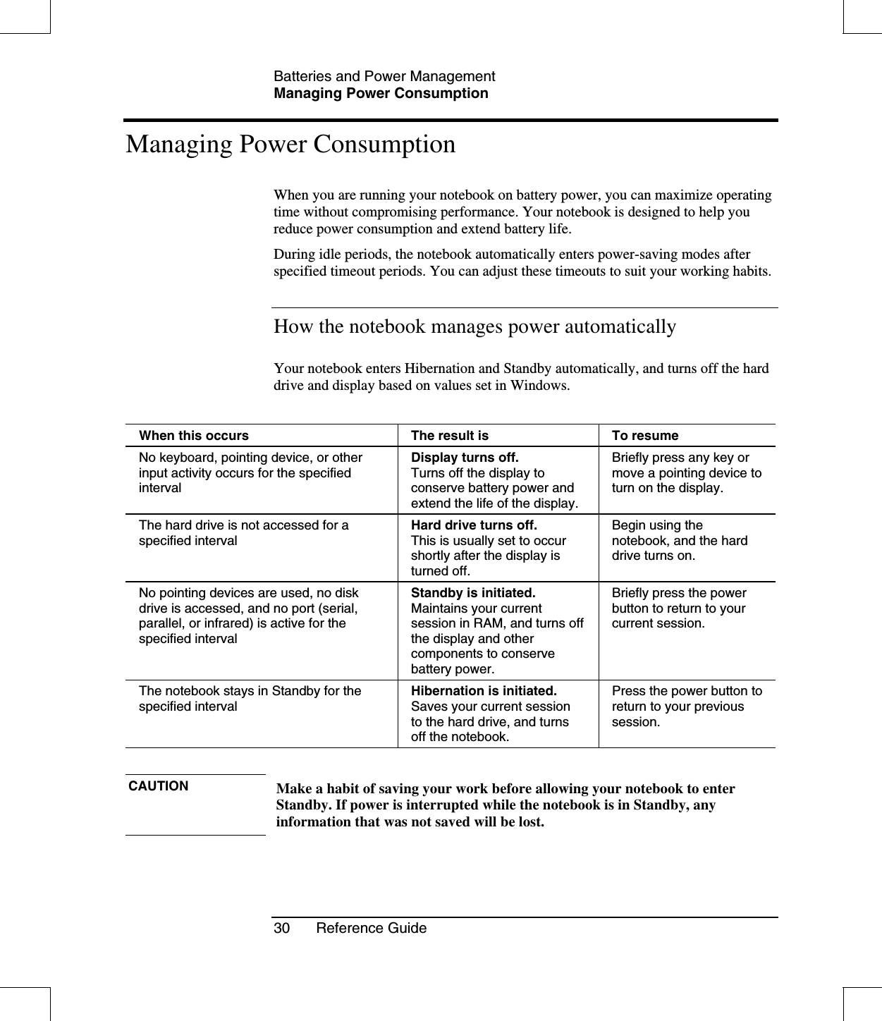 Batteries and Power ManagementManaging Power Consumption30 Reference GuideManaging Power ConsumptionWhen you are running your notebook on battery power, you can maximize operatingtime without compromising performance. Your notebook is designed to help youreduce power consumption and extend battery life.During idle periods, the notebook automatically enters power-saving modes afterspecified timeout periods. You can adjust these timeouts to suit your working habits.How the notebook manages power automaticallyYour notebook enters Hibernation and Standby automatically, and turns off the harddrive and display based on values set in Windows.When this occurs The result is To resumeNo keyboard, pointing device, or otherinput activity occurs for the specifiedintervalDisplay turns off.Turns off the display toconserve battery power andextend the life of the display.Briefly press any key ormove a pointing device toturn on the display.The hard drive is not accessed for aspecified intervalHard drive turns off.This is usually set to occurshortly after the display isturned off.Begin using thenotebook, and the harddrive turns on.No pointing devices are used, no diskdrive is accessed, and no port (serial,parallel, or infrared) is active for thespecified intervalStandby is initiated.Maintains your currentsession in RAM, and turns offthe display and othercomponents to conservebattery power.Briefly press the powerbutton to return to yourcurrent session.The notebook stays in Standby for thespecified intervalHibernation is initiated.Saves your current sessionto the hard drive, and turnsoff the notebook.Press the power button toreturn to your previoussession.CAUTION Make a habit of saving your work before allowing your notebook to enterStandby. If power is interrupted while the notebook is in Standby, anyinformation that was not saved will be lost.