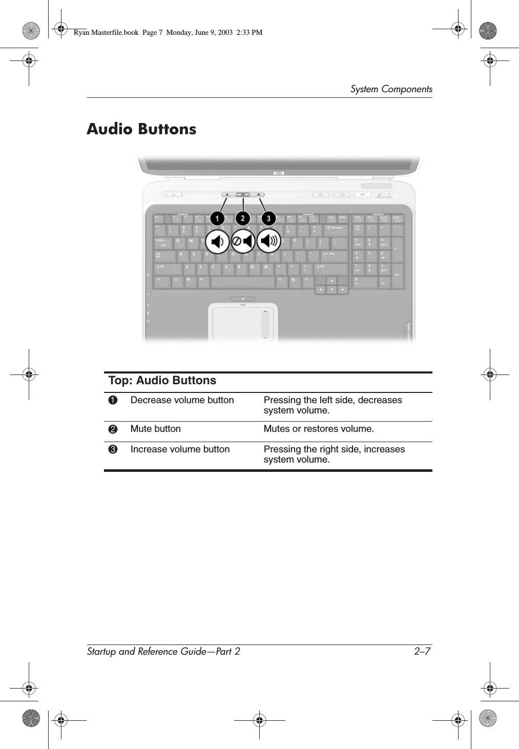 System ComponentsStartup and Reference Guide—Part 2 2–7Audio ButtonsTop: Audio Buttons1Decrease volume button Pressing the left side, decreases system volume.2Mute button Mutes or restores volume.3Increase volume button Pressing the right side, increases system volume.Ryan Masterfile.book  Page 7  Monday, June 9, 2003  2:33 PM