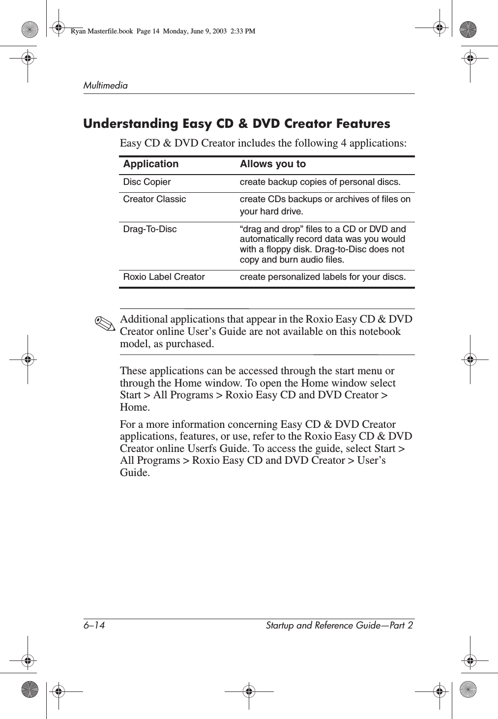 6–14 Startup and Reference Guide—Part 2MultimediaUnderstanding Easy CD &amp; DVD Creator FeaturesEasy CD &amp; DVD Creator includes the following 4 applications:✎Additional applications that appear in the Roxio Easy CD &amp; DVD Creator online User’s Guide are not available on this notebook model, as purchased.These applications can be accessed through the start menu or through the Home window. To open the Home window select Start &gt; All Programs &gt; Roxio Easy CD and DVD Creator &gt; Home.For a more information concerning Easy CD &amp; DVD Creator applications, features, or use, refer to the Roxio Easy CD &amp; DVD Creator online Userfs Guide. To access the guide, select Start &gt; All Programs &gt; Roxio Easy CD and DVD Creator &gt; User’s Guide.Application Allows you toDisc Copier create backup copies of personal discs.Creator Classic create CDs backups or archives of files onyour hard drive.Drag-To-Disc “drag and drop” files to a CD or DVD and automatically record data was you would with a floppy disk. Drag-to-Disc does not copy and burn audio files.Roxio Label Creator create personalized labels for your discs.Ryan Masterfile.book  Page 14  Monday, June 9, 2003  2:33 PM