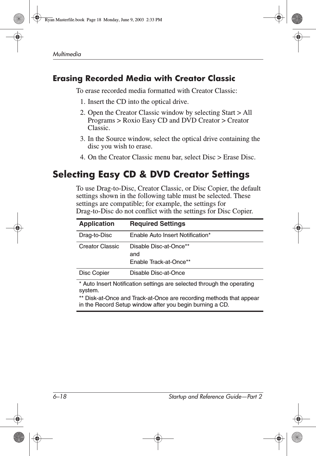 6–18 Startup and Reference Guide—Part 2MultimediaErasing Recorded Media with Creator ClassicTo erase recorded media formatted with Creator Classic:1. Insert the CD into the optical drive.2. Open the Creator Classic window by selecting Start &gt; All Programs &gt; Roxio Easy CD and DVD Creator &gt; Creator Classic.3. In the Source window, select the optical drive containing the disc you wish to erase.4. On the Creator Classic menu bar, select Disc &gt; Erase Disc.Selecting Easy CD &amp; DVD Creator SettingsTo use Drag-to-Disc, Creator Classic, or Disc Copier, the default settings shown in the following table must be selected. These settings are compatible; for example, the settings for Drag-to-Disc do not conflict with the settings for Disc Copier.Application Required SettingsDrag-to-Disc Enable Auto Insert Notification*Creator Classic Disable Disc-at-Once**andEnable Track-at-Once**Disc Copier Disable Disc-at-Once* Auto Insert Notification settings are selected through the operating system.** Disk-at-Once and Track-at-Once are recording methods that appear in the Record Setup window after you begin burning a CD.Ryan Masterfile.book  Page 18  Monday, June 9, 2003  2:33 PM