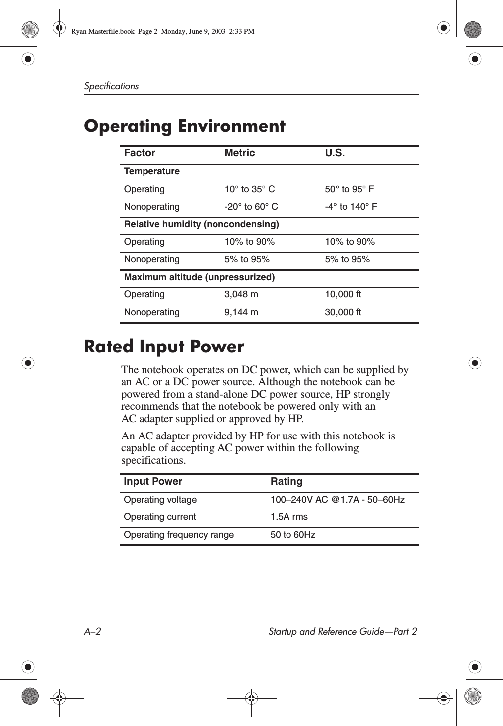A–2 Startup and Reference Guide—Part 2SpecificationsOperating EnvironmentRated Input PowerThe notebook operates on DC power, which can be supplied by an AC or a DC power source. Although the notebook can be powered from a stand-alone DC power source, HP strongly recommends that the notebook be powered only with an AC adapter supplied or approved by HP.An AC adapter provided by HP for use with this notebook is capable of accepting AC power within the following specifications.Factor Metric U.S.TemperatureOperating 10° to 35° C 50° to 95° FNonoperating -20° to 60° C -4° to 140° FRelative humidity (noncondensing)Operating 10% to 90% 10% to 90%Nonoperating 5% to 95% 5% to 95%Maximum altitude (unpressurized)Operating 3,048 m 10,000 ftNonoperating 9,144 m 30,000 ftInput Power RatingOperating voltage 100–240V AC @1.7A - 50–60HzOperating current 1.5A rmsOperating frequency range 50 to 60HzRyan Masterfile.book  Page 2  Monday, June 9, 2003  2:33 PM