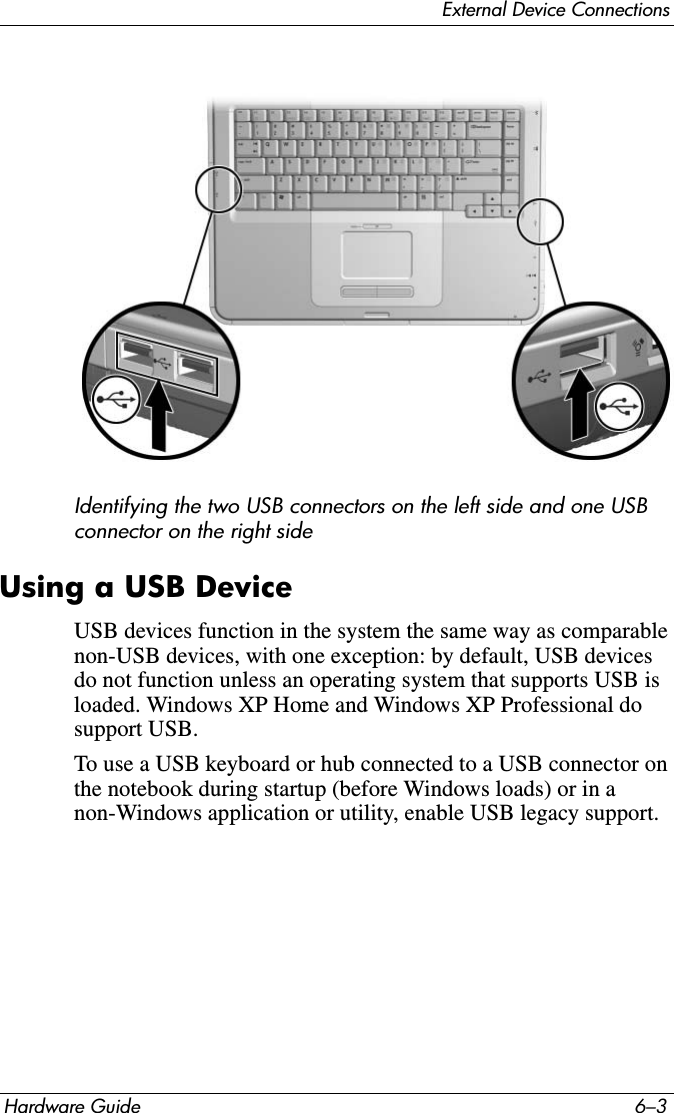 External Device ConnectionsHardware Guide 6–3Identifying the two USB connectors on the left side and one USB connector on the right sideUsing a USB DeviceUSB devices function in the system the same way as comparable non-USB devices, with one exception: by default, USB devices do not function unless an operating system that supports USB is loaded. Windows XP Home and Windows XP Professional do support USB.To use a USB keyboard or hub connected to a USB connector on the notebook during startup (before Windows loads) or in a non-Windows application or utility, enable USB legacy support.