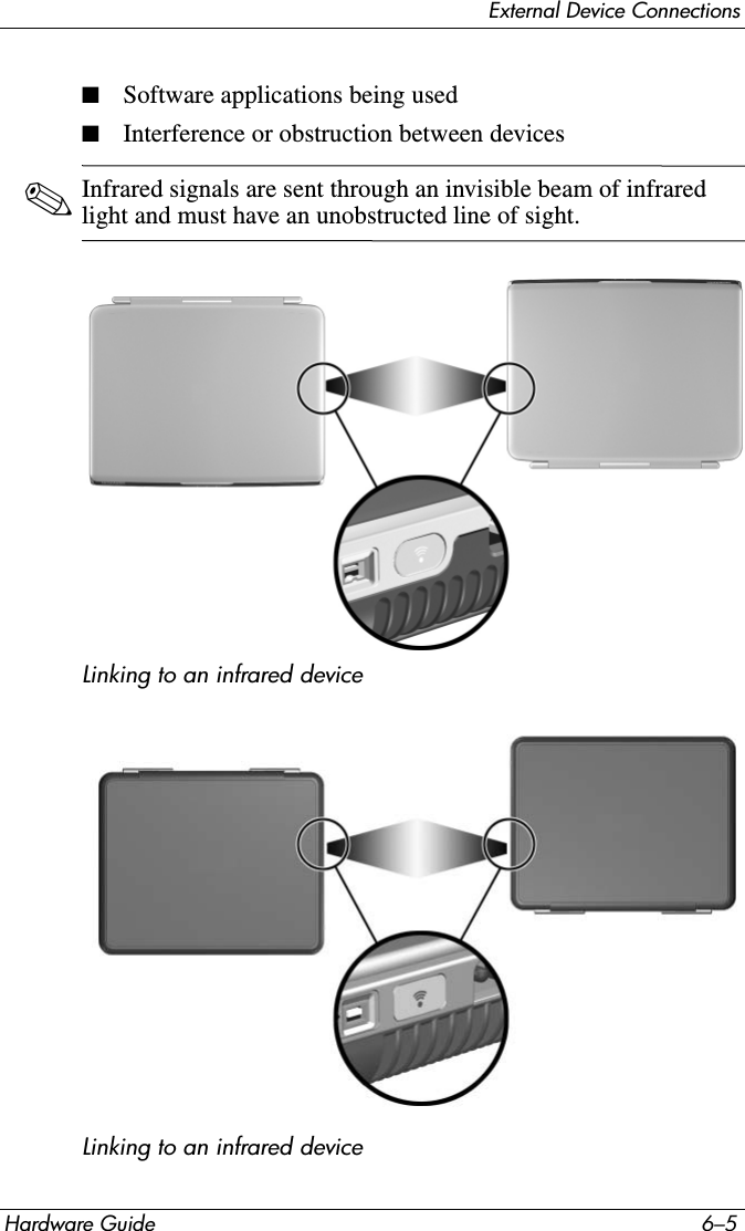 External Device ConnectionsHardware Guide 6–5■Software applications being used■Interference or obstruction between devices✎Infrared signals are sent through an invisible beam of infrared light and must have an unobstructed line of sight.Linking to an infrared deviceLinking to an infrared device