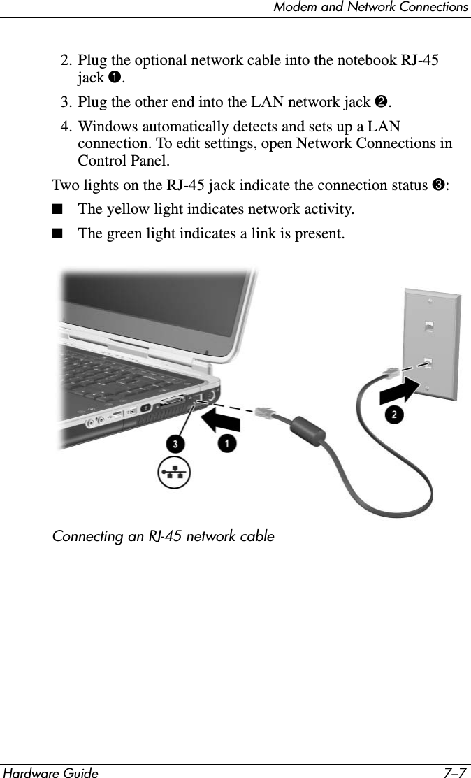 Modem and Network ConnectionsHardware Guide 7–72. Plug the optional network cable into the notebook RJ-45 jack 1. 3. Plug the other end into the LAN network jack 2.4. Windows automatically detects and sets up a LAN connection. To edit settings, open Network Connections in Control Panel.Two lights on the RJ-45 jack indicate the connection status 3:■The yellow light indicates network activity.■The green light indicates a link is present.Connecting an RJ-45 network cable