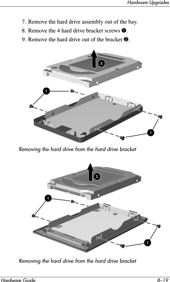 Hardware UpgradesHardware Guide 8–197. Remove the hard drive assembly out of the bay.8. Remove the 4 hard drive bracket screws 1.9. Remove the hard drive out of the bracket 2.Removing the hard drive from the hard drive bracketRemoving the hard drive from the hard drive bracket