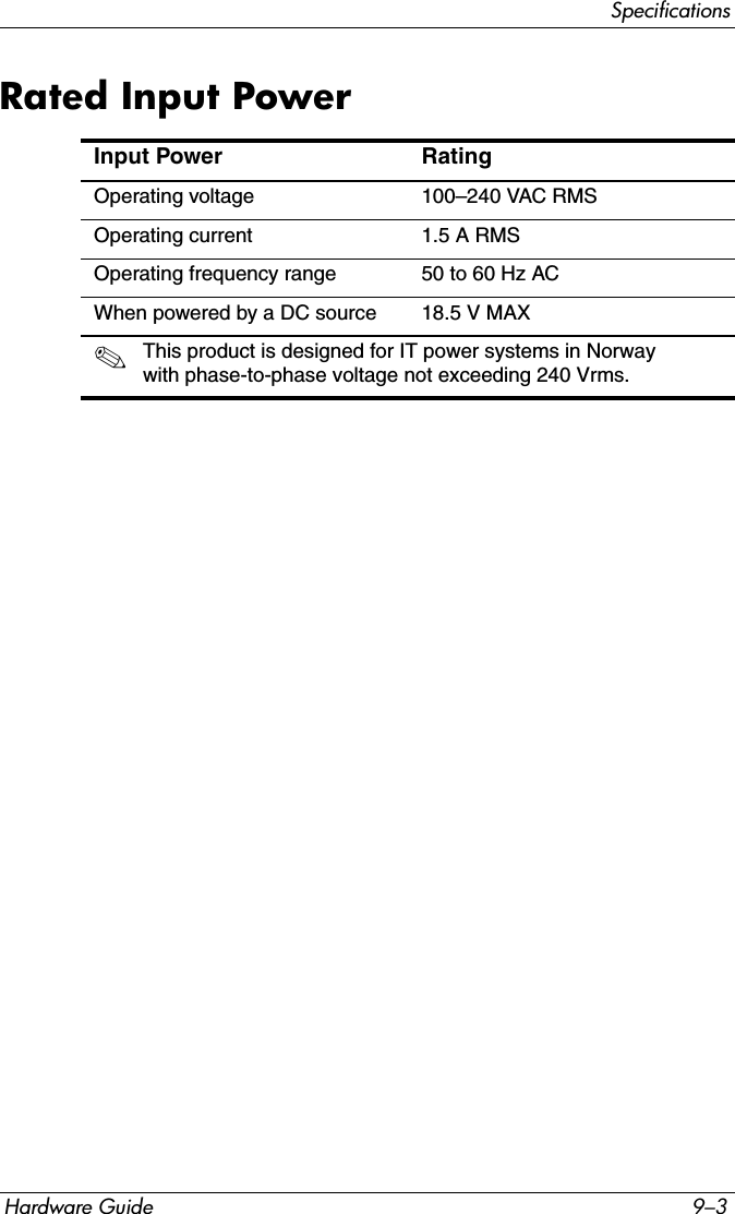 SpecificationsHardware Guide 9–3Rated Input PowerInput Power RatingOperating voltage 100–240 VAC RMSOperating current 1.5 A RMSOperating frequency range 50 to 60 Hz ACWhen powered by a DC source 18.5 V MAX✎This product is designed for IT power systems in Norway with phase-to-phase voltage not exceeding 240 Vrms.