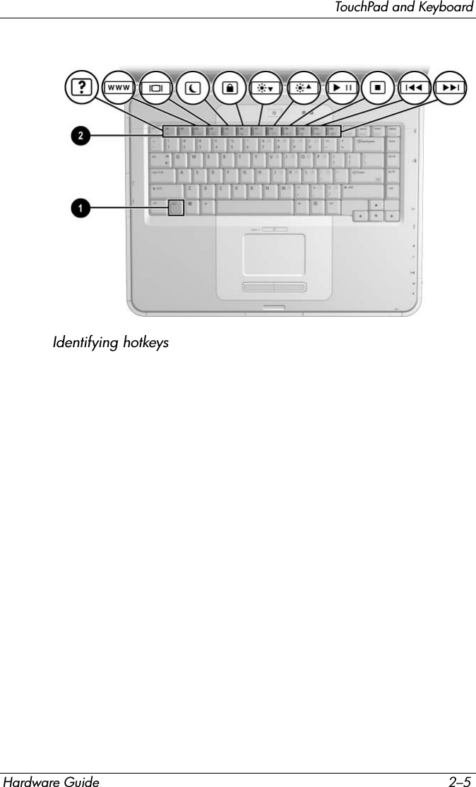 TouchPad and KeyboardHardware Guide 2–5Identifying hotkeys 
