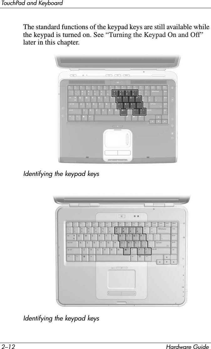 2–12 Hardware GuideTouchPad and KeyboardThe standard functions of the keypad keys are still available while the keypad is turned on. See “Turning the Keypad On and Off” later in this chapter.Identifying the keypad keys Identifying the keypad keys