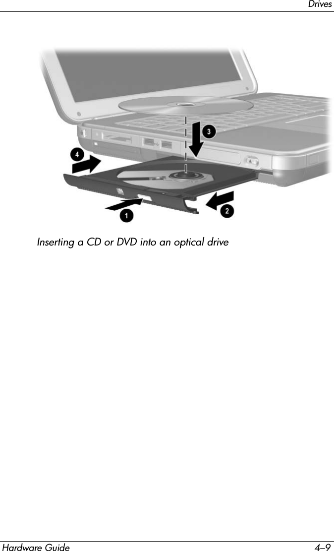 DrivesHardware Guide 4–9Inserting a CD or DVD into an optical drive