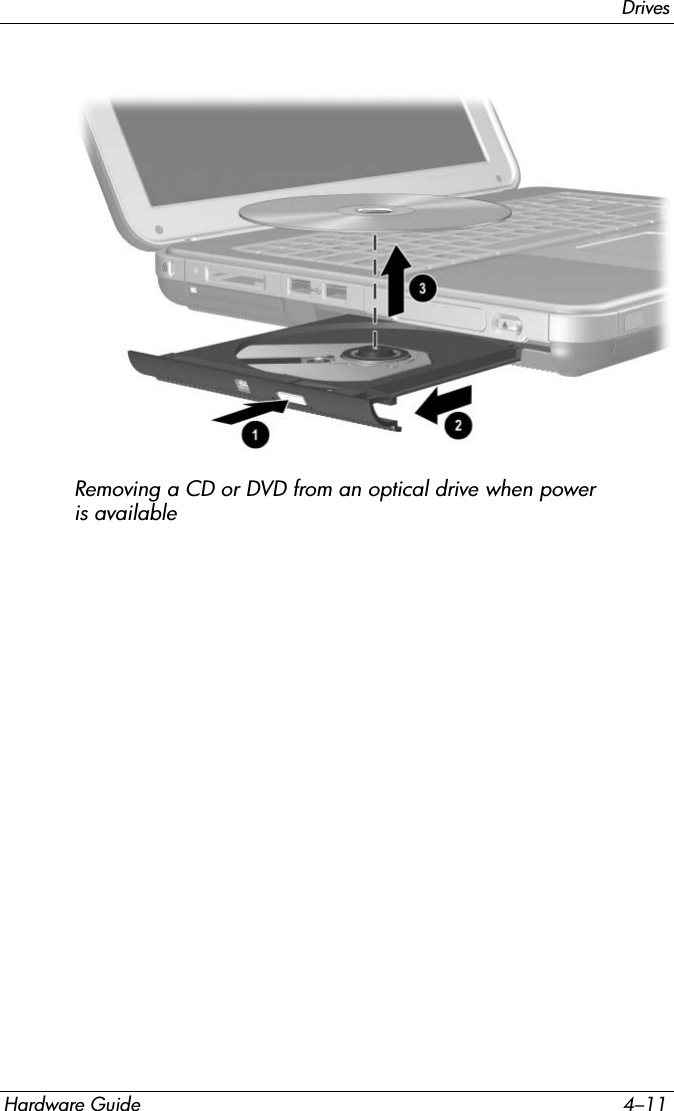 DrivesHardware Guide 4–11Removing a CD or DVD from an optical drive when power is available