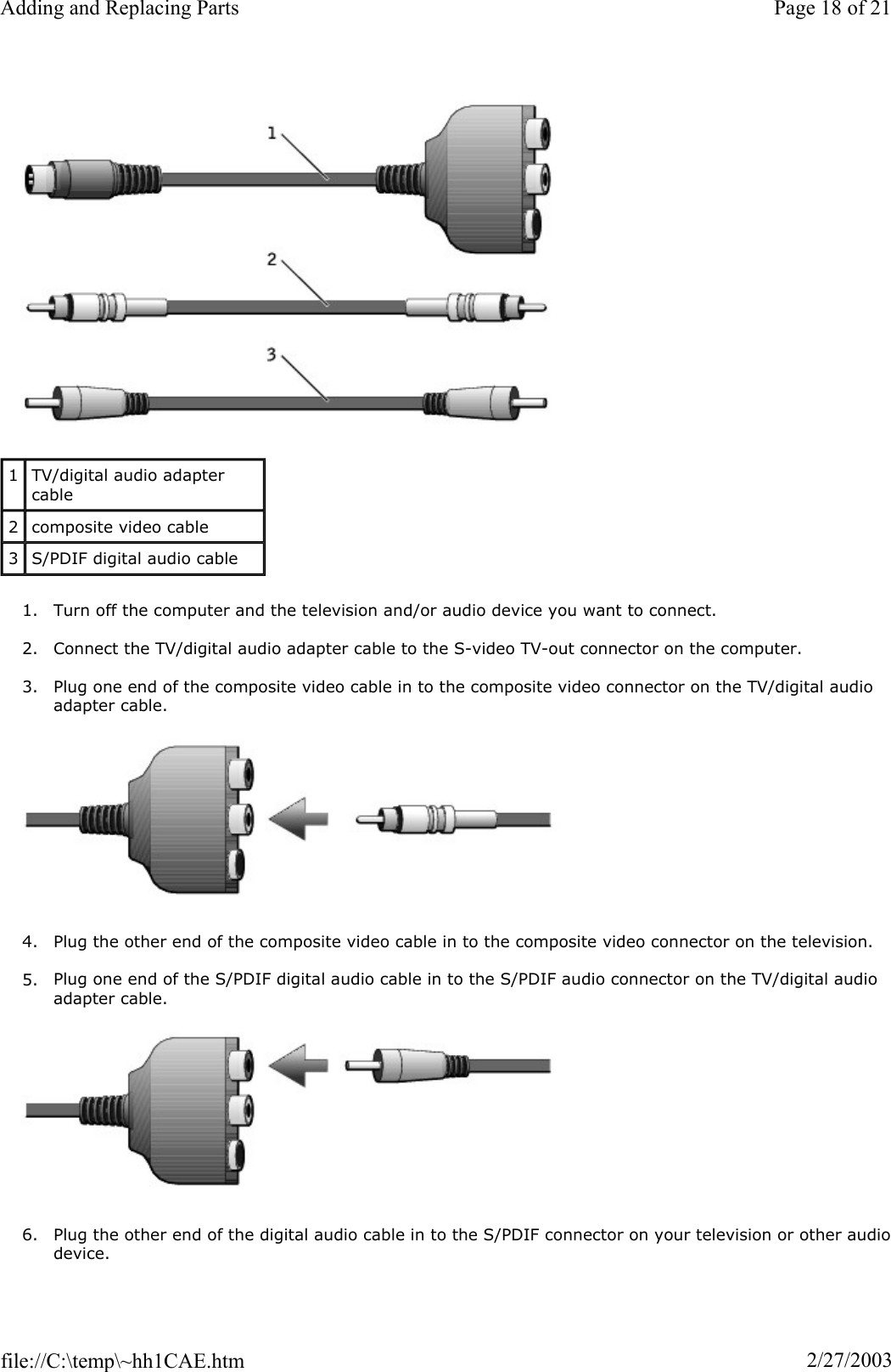 1. Turn off the computer and the television and/or audio device you want to connect. 2. Connect the TV/digital audio adapter cable to the S-video TV-out connector on the computer. 3. Plug one end of the composite video cable in to the composite video connector on the TV/digital audio adapter cable. 4. Plug the other end of the composite video cable in to the composite video connector on the television. 5. Plug one end of the S/PDIF digital audio cable in to the S/PDIF audio connector on the TV/digital audio adapter cable. 6. Plug the other end of the digital audio cable in to the S/PDIF connector on your television or other audiodevice. 1TV/digital audio adapter cable 2composite video cable 3S/PDIF digital audio cable Page 18 of 21Adding and Replacing Parts2/27/2003file://C:\temp\~hh1CAE.htm