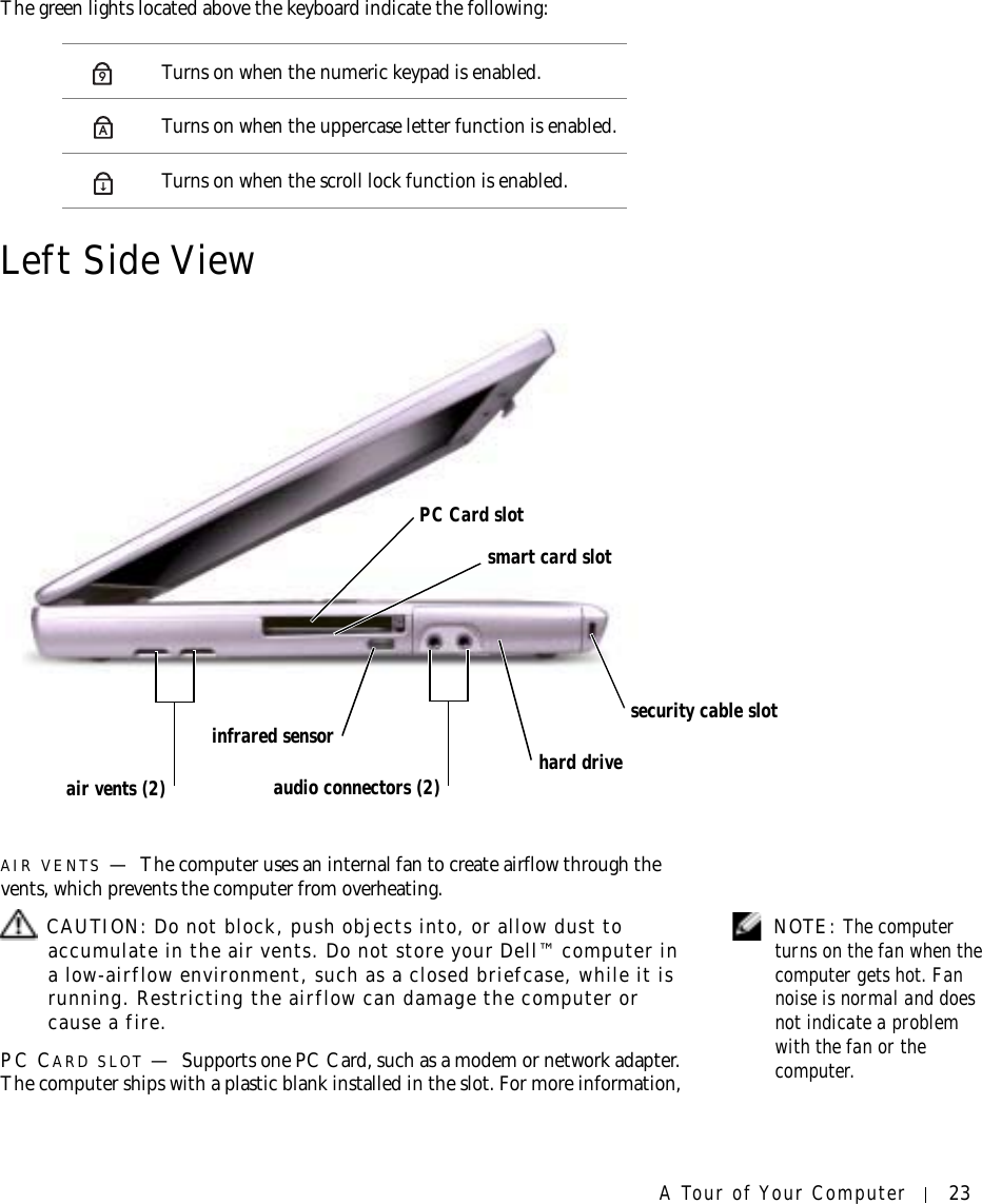 A Tour of Your Computer 23The green lights located above the keyboard indicate the following:Left Side ViewAIR VENTS —The computer uses an internal fan to create airflow through the vents, which prevents the computer from overheating. NOTE: The computer turns on the fan when the computer gets hot. Fan noise is normal and does not indicate a problem with the fan or the computer. CAUTION: Do not block, push objects into, or allow dust to accumulate in the air vents. Do not store your Dell™ computer in a low-airflow environment, such as a closed briefcase, while it is running. Restricting the airflow can damage the computer or cause a fire.PC CARD SLOT —Supports one PC Card, such as a modem or network adapter. The computer ships with a plastic blank installed in the slot. For more information, Turns on when the numeric keypad is enabled.Turns on when the uppercase letter function is enabled.Turns on when the scroll lock function is enabled.9Ahard drivePC Card slotsmart card slotinfrared sensoraudio connectors (2)security cable slotair vents (2)