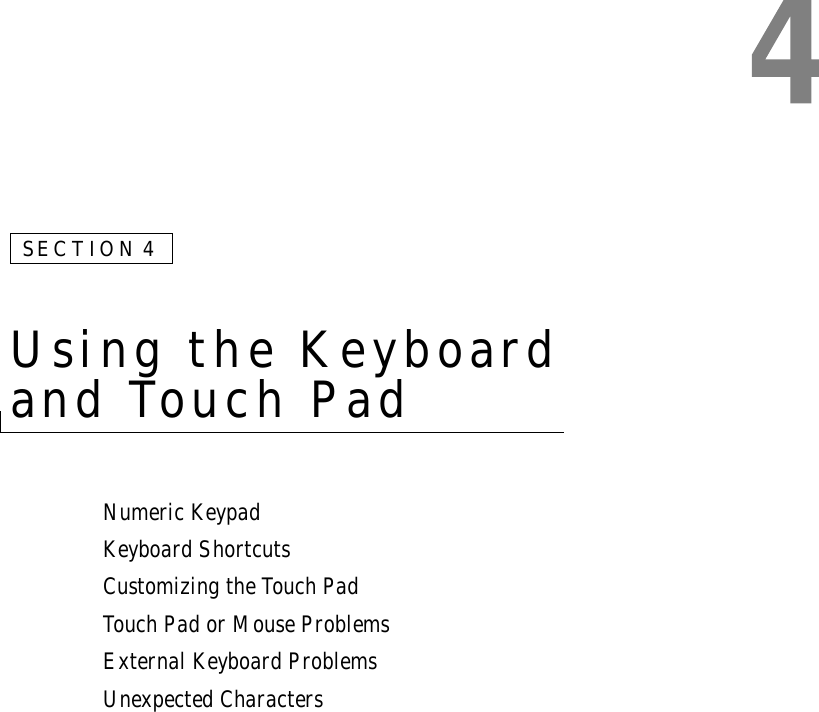 SECTION 4Using the Keyboard and Touch PadNumeric KeypadKeyboard ShortcutsCustomizing the Touch PadTouch Pad or Mouse ProblemsExternal Keyboard ProblemsUnexpected Characters