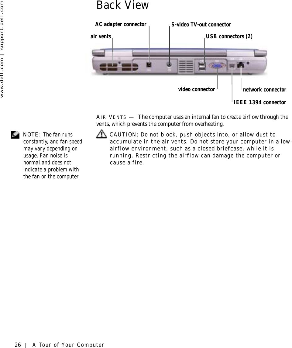 26 A Tour of Your Computerwww.dell.com | support.dell.comBack ViewAIR VENTS —The computer uses an internal fan to create airflow through the vents, which prevents the computer from overheating. NOTE: The fan runs constantly, and fan speed may vary depending on usage. Fan noise is normal and does not indicate a problem with the fan or the computer. CAUTION: Do not block, push objects into, or allow dust to accumulate in the air vents. Do not store your computer in a low-airflow environment, such as a closed briefcase, while it is running. Restricting the airflow can damage the computer or cause a fire.USB connectors (2)S-video TV-out connectornetwork connectorvideo connectorAC adapter connectorair ventsIEEE 1394 connector