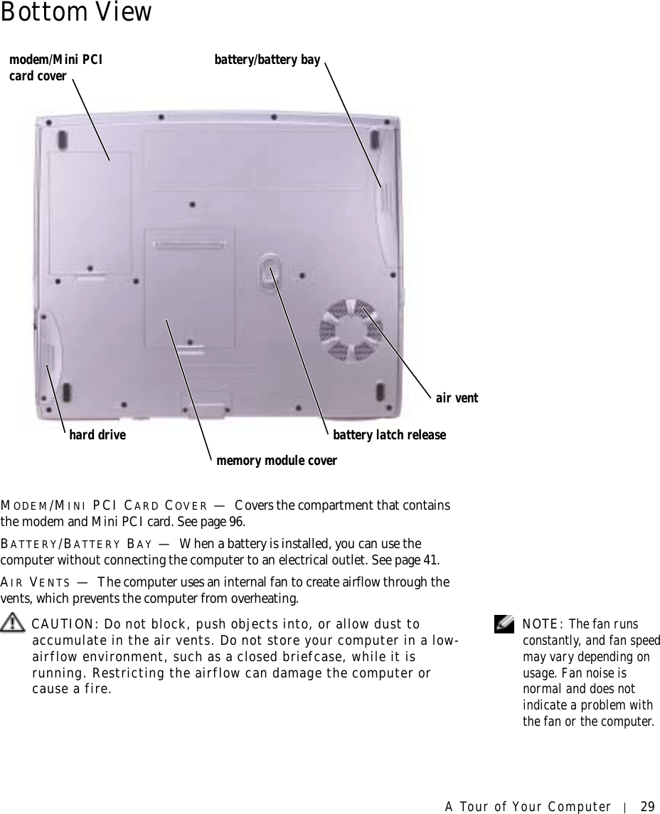 A Tour of Your Computer 29Bottom ViewMODEM/MINI PCI CARD COVER —Covers the compartment that contains the modem and Mini PCI card. See page 96.BATTERY/BATTERY BAY —When a battery is installed, you can use the computer without connecting the computer to an electrical outlet. See page 41.AIR VENTS —The computer uses an internal fan to create airflow through the vents, which prevents the computer from overheating. NOTE: The fan runs constantly, and fan speed may vary depending on usage. Fan noise is normal and does not indicate a problem with the fan or the computer. CAUTION: Do not block, push objects into, or allow dust to accumulate in the air vents. Do not store your computer in a low-airflow environment, such as a closed briefcase, while it is running. Restricting the airflow can damage the computer or cause a fire.memory module coverbattery latch releasemodem/Mini PCI card cover battery/battery bayhard driveair vent