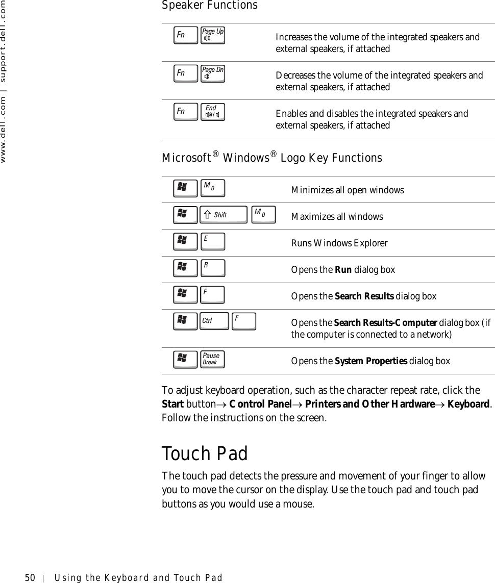 50 Using the Keyboard and Touch Padwww.dell.com | support.dell.comSpeaker FunctionsMicrosoft® Windows® Logo Key FunctionsTo adjust keyboard operation, such as the character repeat rate, click the Start button→ Control Panel→ Printers and Other Hardware→ Keyboard. Follow the instructions on the screen.Touch PadThe touch pad detects the pressure and movement of your finger to allow you to move the cursor on the display. Use the touch pad and touch pad buttons as you would use a mouse.Increases the volume of the integrated speakers and external speakers, if attachedDecreases the volume of the integrated speakers and external speakers, if attachedEnables and disables the integrated speakers and external speakers, if attachedMinimizes all open windowsMaximizes all windowsRuns Windows ExplorerOpens the Run dialog boxOpens the Search Results dialog boxOpens the Search Results-Computer dialog box (if the computer is connected to a network)Opens the System Properties dialog box