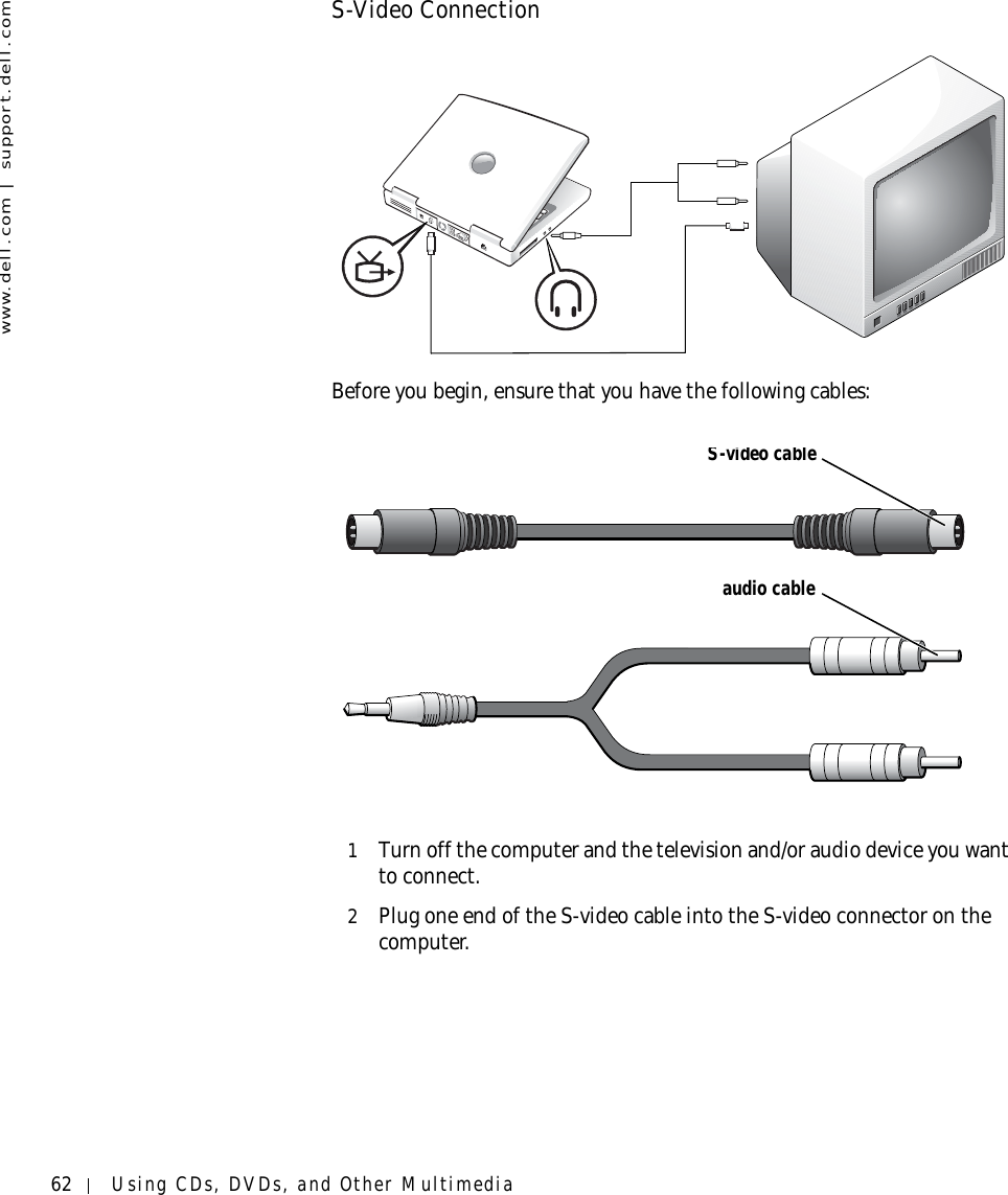 62 Using CDs, DVDs, and Other Multimediawww.dell.com | support.dell.comS-Video ConnectionBefore you begin, ensure that you have the following cables:1Turn off the computer and the television and/or audio device you want to connect.2Plug one end of the S-video cable into the S-video connector on the computer.S-video cableaudio cable