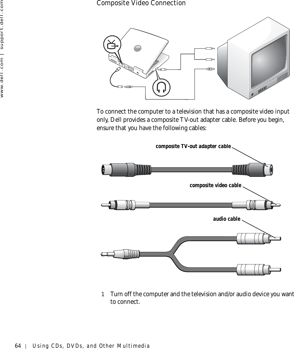 64 Using CDs, DVDs, and Other Multimediawww.dell.com | support.dell.comComposite Video ConnectionTo connect the computer to a television that has a composite video input only, Dell provides a composite TV-out adapter cable. Before you begin, ensure that you have the following cables:1Turn off the computer and the television and/or audio device you want to connect.composite TV-out adapter cablecomposite video cableaudio cable