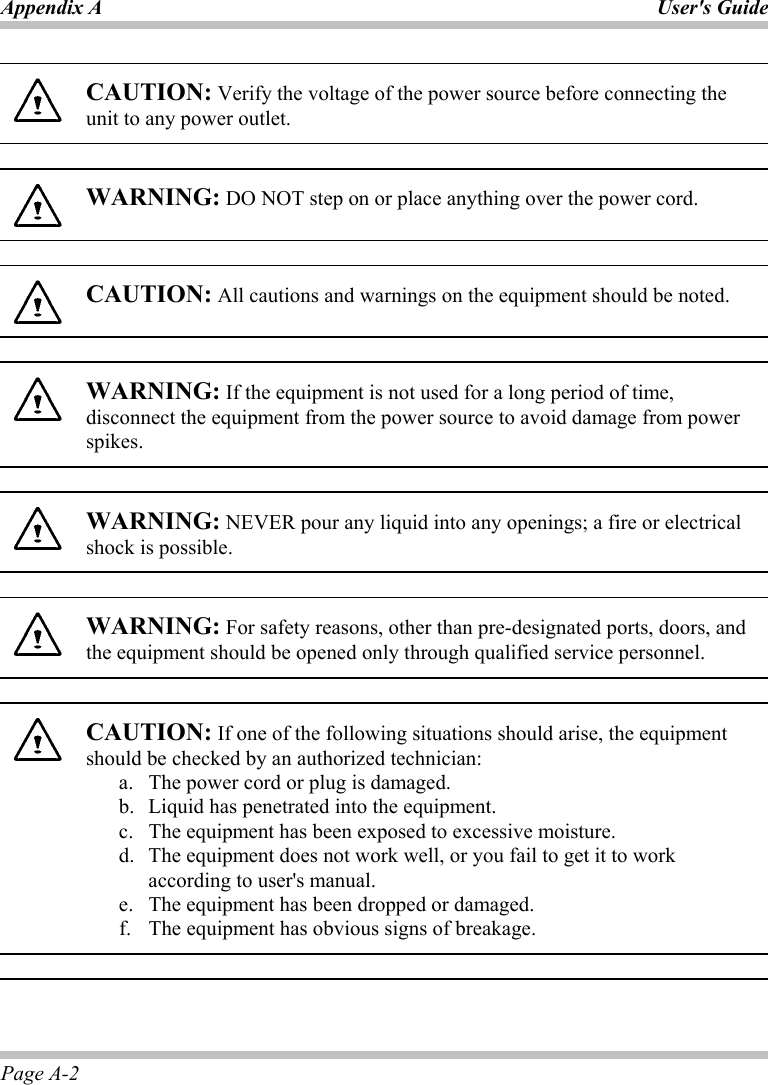 Appendix A  User&apos;s Guide Page A-2   CAUTION: Verify the voltage of the power source before connecting the unit to any power outlet.    WARNING: DO NOT step on or place anything over the power cord.    CAUTION: All cautions and warnings on the equipment should be noted.    WARNING: If the equipment is not used for a long period of time, disconnect the equipment from the power source to avoid damage from power spikes.    WARNING: NEVER pour any liquid into any openings; a fire or electrical shock is possible.    WARNING: For safety reasons, other than pre-designated ports, doors, and the equipment should be opened only through qualified service personnel.    CAUTION: If one of the following situations should arise, the equipment should be checked by an authorized technician: a.  The power cord or plug is damaged. b.   Liquid has penetrated into the equipment. c.   The equipment has been exposed to excessive moisture. d.   The equipment does not work well, or you fail to get it to work according to user&apos;s manual. e.   The equipment has been dropped or damaged. f.  The equipment has obvious signs of breakage.   