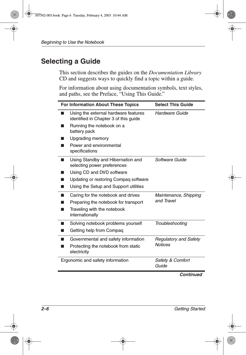 2–6 Getting StartedBeginning to Use the NotebookSelecting a GuideThis section describes the guides on the Documentation LibraryCD and suggests ways to quickly find a topic within a guide. For information about using documentation symbols, text styles, and paths, see the Preface, “Using This Guide.”For Information About These Topics Select This Guide■Using the external hardware features identified in Chapter 3 of this guide■Running the notebook on a battery pack■Upgrading memory■Power and environmental specificationsHardware Guide■Using Standby and Hibernation and selecting power preferences■Using CD and DVD software■Updating or restoring Compaq software■Using the Setup and Support utilitiesSoftware Guide■Caring for the notebook and drives■Preparing the notebook for transport■Traveling with the notebook internationallyMaintenance, Shipping and Travel■Solving notebook problems yourself■Getting help from CompaqTroubleshooting■Governmental and safety information■Protecting the notebook from static electricityRegulatory and SafetyNoticesErgonomic and safety informationSafety &amp; ComfortGuideContinued307502-003.book  Page 6  Tuesday, February 4, 2003  10:44 AM