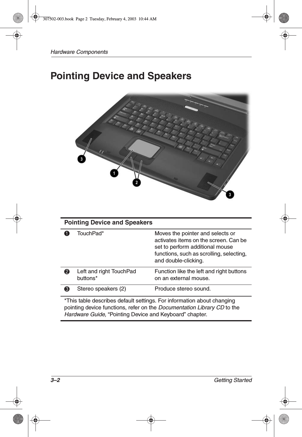 3–2 Getting StartedHardware ComponentsPointing Device and SpeakersPointing Device and Speakers1TouchPad* Moves the pointer and selects or activates items on the screen. Can be set to perform additional mouse functions, such as scrolling, selecting, and double-clicking.2Left and right TouchPad buttons*Function like the left and right buttons on an external mouse.3Stereo speakers (2) Produce stereo sound.*This table describes default settings. For information about changing pointing device functions, refer on the Documentation Library CD to the Hardware Guide, “Pointing Device and Keyboard” chapter.307502-003.book  Page 2  Tuesday, February 4, 2003  10:44 AM