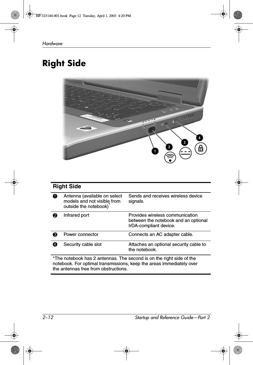 2–12 Startup and Reference Guide—Part 2HardwareRight SideRight Side1Antenna (available on select models and not visible from outside the notebook)*Sends and receives wireless device signals.2Infrared port  Provides wireless communication between the notebook and an optional IrDA-compliant device.3Power connector Connects an AC adapter cable.4Security cable slot Attaches an optional security cable to the notebook.*The notebook has 2 antennas. The second is on the right side of the notebook. For optimal transmissions, keep the areas immediately over the antennas free from obstructions.HP-323140-001.book  Page 12  Tuesday, April 1, 2003  4:20 PM