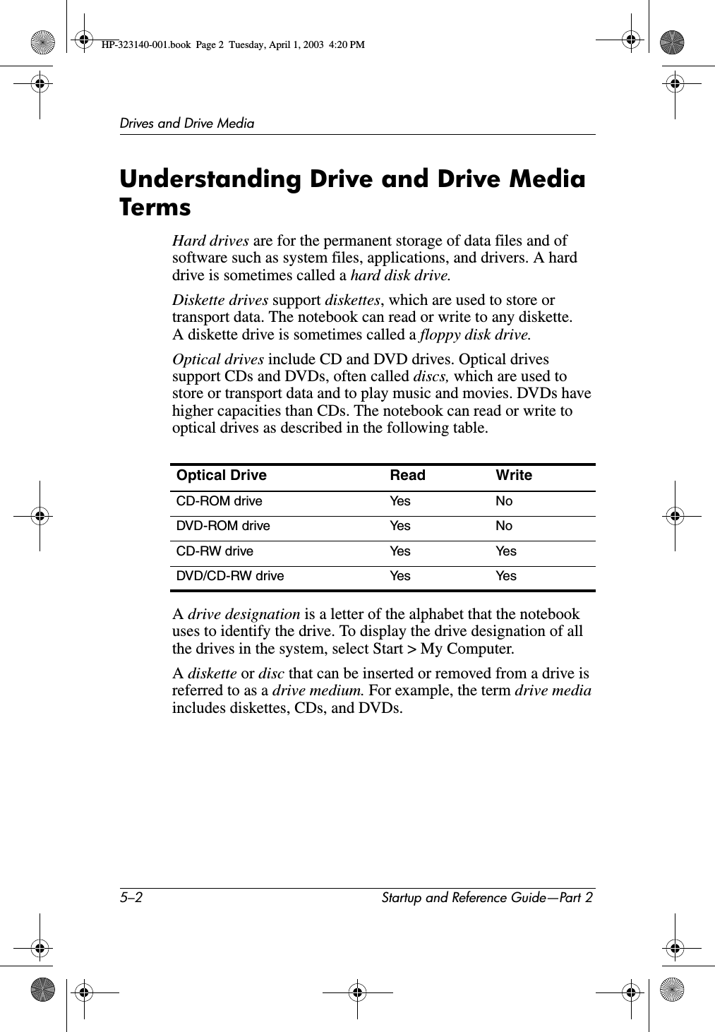 5–2 Startup and Reference Guide—Part 2Drives and Drive MediaUnderstanding Drive and Drive Media TermsHard drives are for the permanent storage of data files and of software such as system files, applications, and drivers. A hard drive is sometimes called a hard disk drive.Diskette drives support diskettes, which are used to store or transport data. The notebook can read or write to any diskette. A diskette drive is sometimes called a floppy disk drive.Optical drives include CD and DVD drives. Optical drives support CDs and DVDs, often called discs, which are used to store or transport data and to play music and movies. DVDs have higher capacities than CDs. The notebook can read or write to optical drives as described in the following table.Adrive designation is a letter of the alphabet that the notebook uses to identify the drive. To display the drive designation of all the drives in the system, select Start &gt; My Computer.Adiskette or disc that can be inserted or removed from a drive is referred to as a drive medium. For example, the term drive mediaincludes diskettes, CDs, and DVDs.Optical Drive Read WriteCD-ROM drive Yes NoDVD-ROM drive Yes No CD-RW drive Yes YesDVD/CD-RW drive Yes YesHP-323140-001.book  Page 2  Tuesday, April 1, 2003  4:20 PM