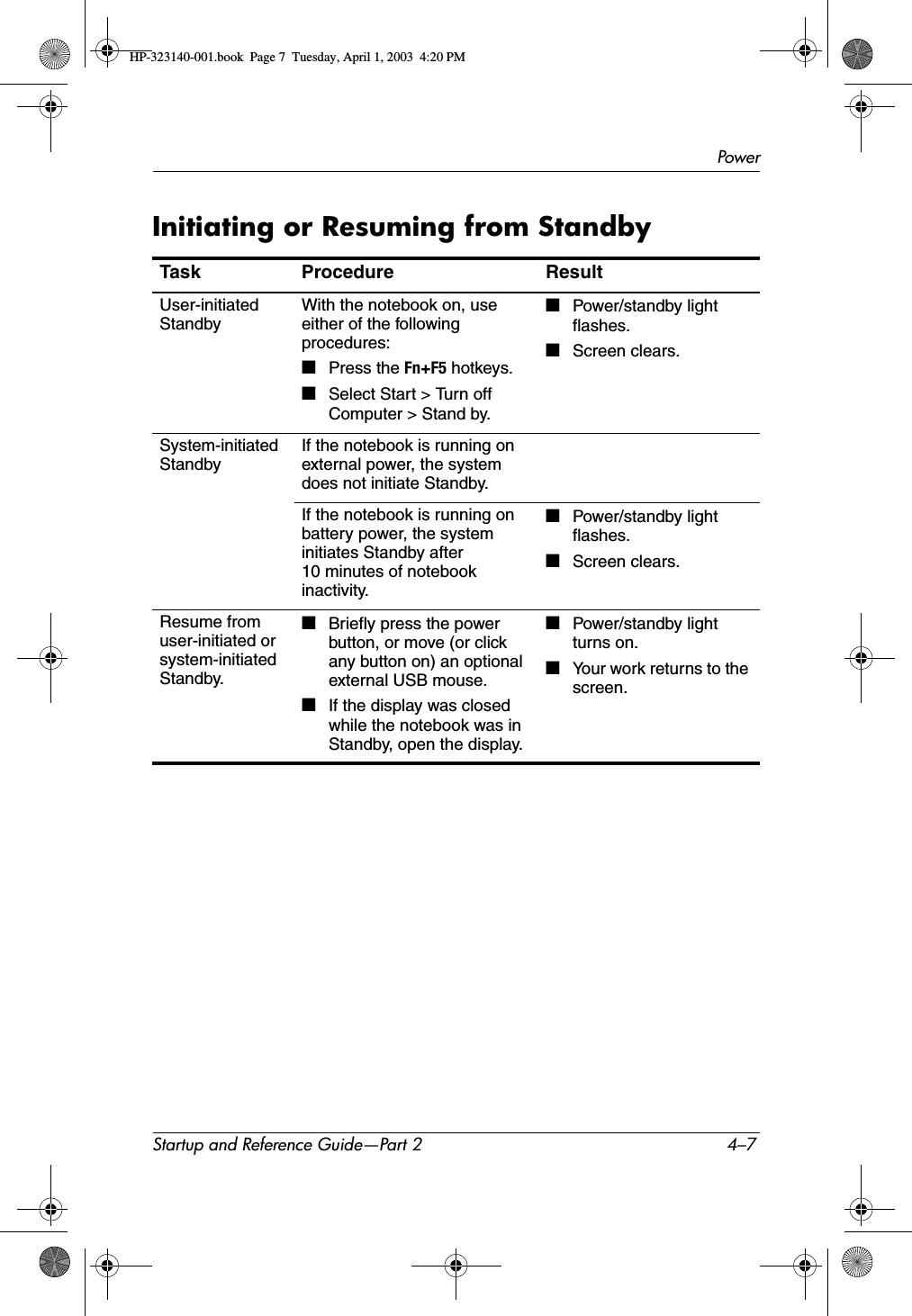 PowerStartup and Reference Guide—Part 2 4–7Initiating or Resuming from StandbyTask Procedure ResultUser-initiatedStandbyWith the notebook on, use either of the following procedures:■Press the Fn+F5 hotkeys.■Select Start &gt; Turn off Computer &gt; Stand by.■Power/standby light flashes.■Screen clears.System-initiatedStandbyIf the notebook is running on external power, the system does not initiate Standby.If the notebook is running on battery power, the system initiates Standby after 10 minutes of notebook inactivity.■Power/standby light flashes.■Screen clears.Resume from user-initiated or system-initiatedStandby.■Briefly press the power button, or move (or click any button on) an optional external USB mouse.■If the display was closed while the notebook was in Standby, open the display.■Power/standby light turns on.■Your work returns to the screen.HP-323140-001.book  Page 7  Tuesday, April 1, 2003  4:20 PM