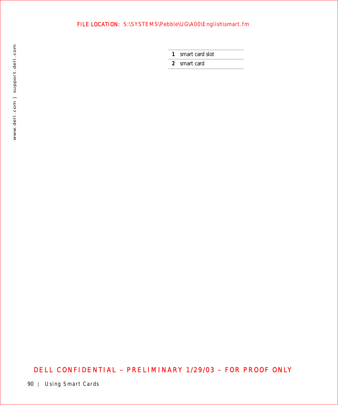 90 Using Smart Cardswww.dell.com | support.dell.comFILE LOCATION:  S:\SYSTEMS\Pebble\UG\A00\English\smart.fmDELL CONFIDENTIAL – PRELIMINARY 1/29/03 – FOR PROOF ONLY1smart card slot2smart card