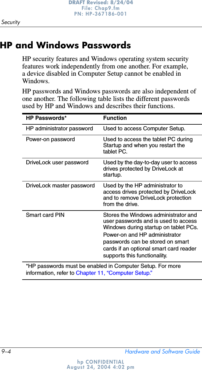 9–4 Hardware and Software GuideSecurityDRAFT Revised: 8/24/04File: Chap9.fm PN: HP-367186-001 hp CONFIDENTIALAugust 24, 2004 4:02 pmHP and Windows PasswordsHP security features and Windows operating system security features work independently from one another. For example, a device disabled in Computer Setup cannot be enabled in Windows.HP passwords and Windows passwords are also independent of one another. The following table lists the different passwords used by HP and Windows and describes their functions.HP Passwords* FunctionHP administrator password Used to access Computer Setup.Power-on password Used to access the tablet PC during Startup and when you restart the tablet PC.DriveLock user password Used by the day-to-day user to access drives protected by DriveLock at startup.DriveLock master password Used by the HP administrator to access drives protected by DriveLock and to remove DriveLock protection from the drive.Smart card PIN Stores the Windows administrator and user passwords and is used to access Windows during startup on tablet PCs.Power-on and HP administrator passwords can be stored on smart cards if an optional smart card reader supports this functionality.*HP passwords must be enabled in Computer Setup. For more information, refer to Chapter 11, “Computer Setup.”