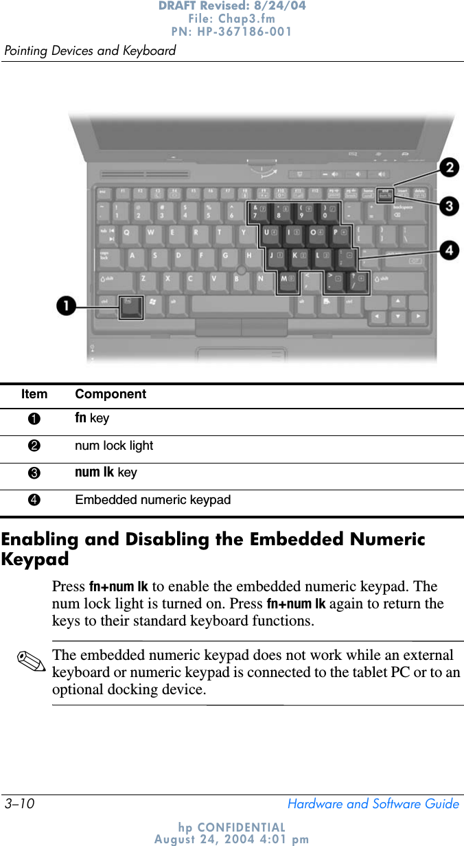 3–10 Hardware and Software GuidePointing Devices and KeyboardDRAFT Revised: 8/24/04File: Chap3.fm PN: HP-367186-001 hp CONFIDENTIALAugust 24, 2004 4:01 pmEnabling and Disabling the Embedded Numeric KeypadPress fn+num lk to enable the embedded numeric keypad. The num lock light is turned on. Press fn+num lk again to return the keys to their standard keyboard functions.✎The embedded numeric keypad does not work while an external keyboard or numeric keypad is connected to the tablet PC or to an optional docking device.Item Component1fn key2num lock light3num lk key4Embedded numeric keypad