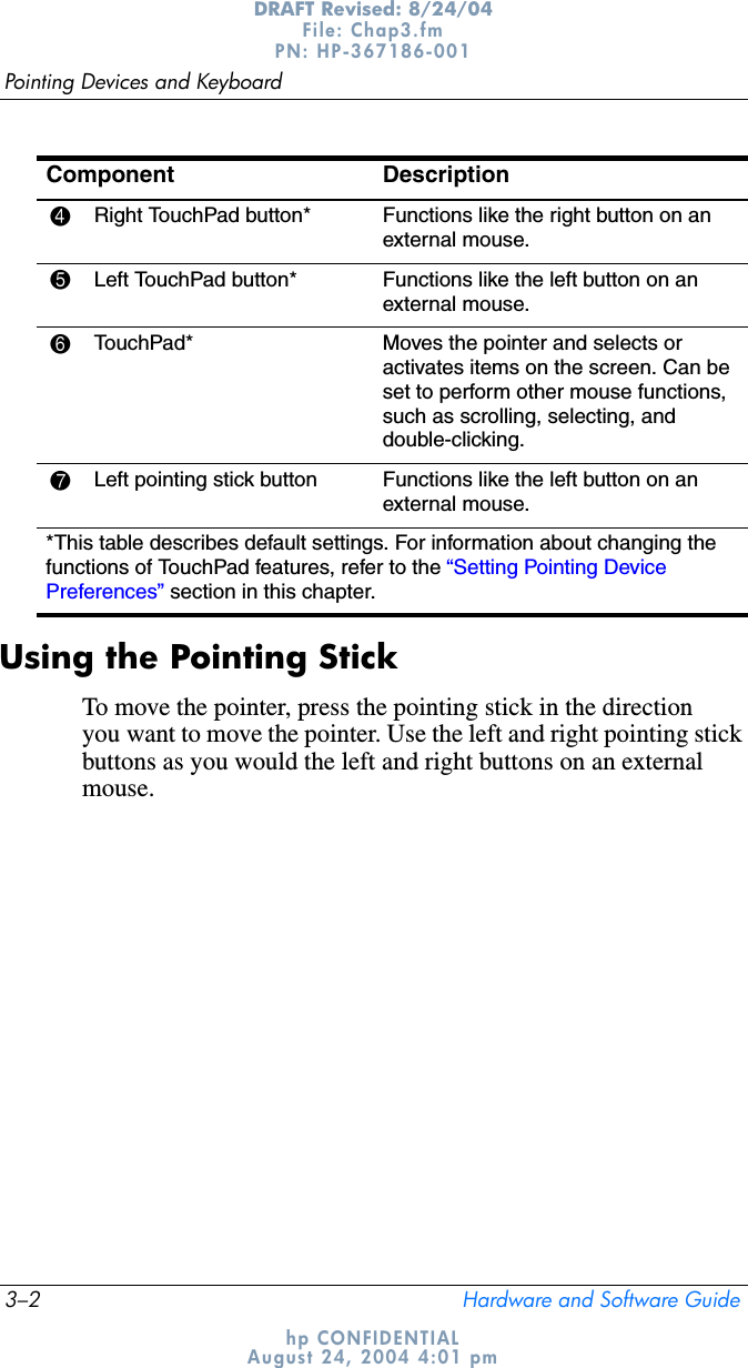3–2 Hardware and Software GuidePointing Devices and KeyboardDRAFT Revised: 8/24/04File: Chap3.fm PN: HP-367186-001 hp CONFIDENTIALAugust 24, 2004 4:01 pmUsing the Pointing StickTo move the pointer, press the pointing stick in the direction you want to move the pointer. Use the left and right pointing stick buttons as you would the left and right buttons on an external mouse.4Right TouchPad button* Functions like the right button on an external mouse.5Left TouchPad button* Functions like the left button on an external mouse.6TouchPad* Moves the pointer and selects or activates items on the screen. Can be set to perform other mouse functions, such as scrolling, selecting, and double-clicking.7Left pointing stick button Functions like the left button on an external mouse.*This table describes default settings. For information about changing the functions of TouchPad features, refer to the “Setting Pointing Device Preferences” section in this chapter.Component Description