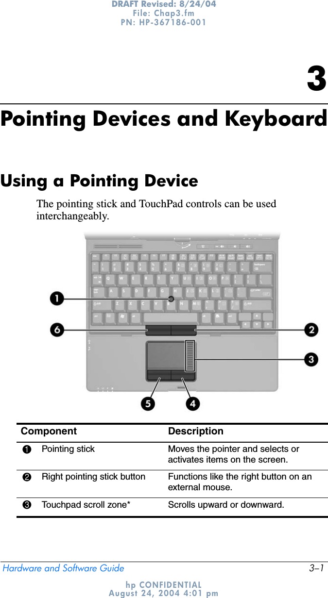 Hardware and Software Guide 3–1DRAFT Revised: 8/24/04File: Chap3.fm PN: HP-367186-001 hp CONFIDENTIALAugust 24, 2004 4:01 pm3Pointing Devices and KeyboardUsing a Pointing DeviceThe pointing stick and TouchPad controls can be used interchangeably.Component Description1Pointing stick Moves the pointer and selects or activates items on the screen.2Right pointing stick button Functions like the right button on an external mouse.3Touchpad scroll zone* Scrolls upward or downward.