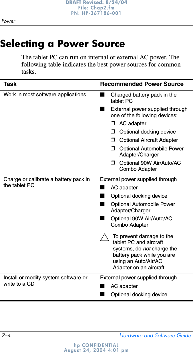 2–4 Hardware and Software GuidePowerDRAFT Revised: 8/24/04File: Chap2.fm PN: HP-367186-001 hp CONFIDENTIALAugust 24, 2004 4:01 pmSelecting a Power SourceThe tablet PC can run on internal or external AC power. The following table indicates the best power sources for common tasks.Task Recommended Power SourceWork in most software applications ■Charged battery pack in the tablet PC■External power supplied through one of the following devices:❐AC adapter❐Optional docking device❐Optional Aircraft Adapter❐Optional Automobile Power Adapter/Charger❐Optional 90W Air/Auto/AC Combo AdapterCharge or calibrate a battery pack in the tablet PCExternal power supplied through■AC adapter■Optional docking device■Optional Automobile Power Adapter/Charger■Optional 90W Air/Auto/AC Combo AdapterÄTo prevent damage to the tablet PC and aircraft systems, do not charge the battery pack while you are using an Auto/Air/AC Adapter on an aircraft. Install or modify system software or write to a CDExternal power supplied through■AC adapter■Optional docking device