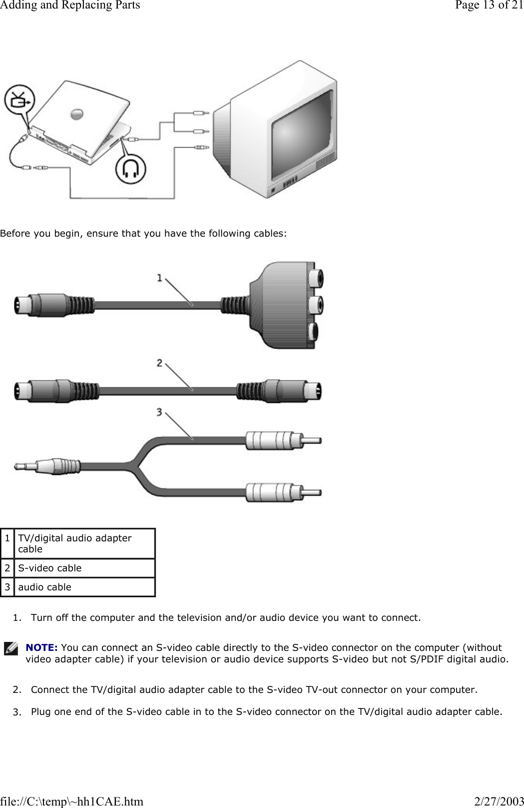   Before you begin, ensure that you have the following cables:   1. Turn off the computer and the television and/or audio device you want to connect.  2. Connect the TV/digital audio adapter cable to the S-video TV-out connector on your computer.  3. Plug one end of the S-video cable in to the S-video connector on the TV/digital audio adapter cable.  1  TV/digital audio adapter cable 2  S-video cable 3  audio cable NOTE: You can connect an S-video cable directly to the S-video connector on the computer (without video adapter cable) if your television or audio device supports S-video but not S/PDIF digital audio.Page 13 of 21Adding and Replacing Parts2/27/2003file://C:\temp\~hh1CAE.htm