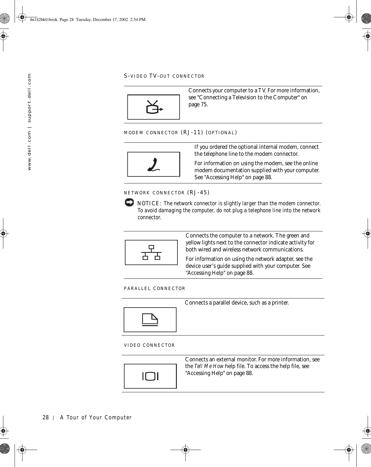 28 A Tour of Your Computerwww.dell.com | support.dell.comS-VIDEO TV-OUT CONNECTORMODEM CONNECTOR (RJ-11) (OPTIONAL)NETWORK CONNECTOR (RJ-45) NOTICE: The network connector is slightly larger than the modem connector. To avoid damaging the computer, do not plug a telephone line into the network connector.PARALLEL CONNECTORVIDEO CONNECTORConnects your computer to a TV. For more information, see &quot;Connecting a Television to the Computer&quot; on page 75.If you ordered the optional internal modem, connect the telephone line to the modem connector.For information on using the modem, see the online modem documentation supplied with your computer. See &quot;Accessing Help&quot; on page 88.Connects the computer to a network. The green and yellow lights next to the connector indicate activity for both wired and wireless network communications.For information on using the network adapter, see the device user’s guide supplied with your computer. See &quot;Accessing Help&quot; on page 88.Connects a parallel device, such as a printer.Connects an external monitor. For more information, see the Tell Me How help file. To access the help file, see &quot;Accessing Help&quot; on page 88.4n142bk0.book  Page 28  Tuesday, December 17, 2002  2:54 PM