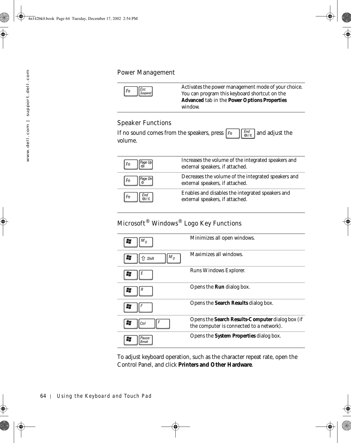 64 Using the Keyboard and Touch Padwww.dell.com | support.dell.comPower ManagementSpeaker FunctionsIf no sound comes from the speakers, press  and adjust the volume.Microsoft® Windows® Logo Key FunctionsTo adjust keyboard operation, such as the character repeat rate, open the Control Panel, and click Printers and Other Hardware.Activates the power management mode of your choice. You can program this keyboard shortcut on the Advanced tab in the Power Options Properties window.Increases the volume of the integrated speakers and external speakers, if attached.Decreases the volume of the integrated speakers and external speakers, if attached.Enables and disables the integrated speakers and external speakers, if attached.Minimizes all open windows.Maximizes all windows.Runs Windows Explorer.Opens the Run dialog box.Opens the Search Results dialog box.Opens the Search Results-Computer dialog box (if the computer is connected to a network).Opens the System Properties dialog box.4n142bk0.book  Page 64  Tuesday, December 17, 2002  2:54 PM