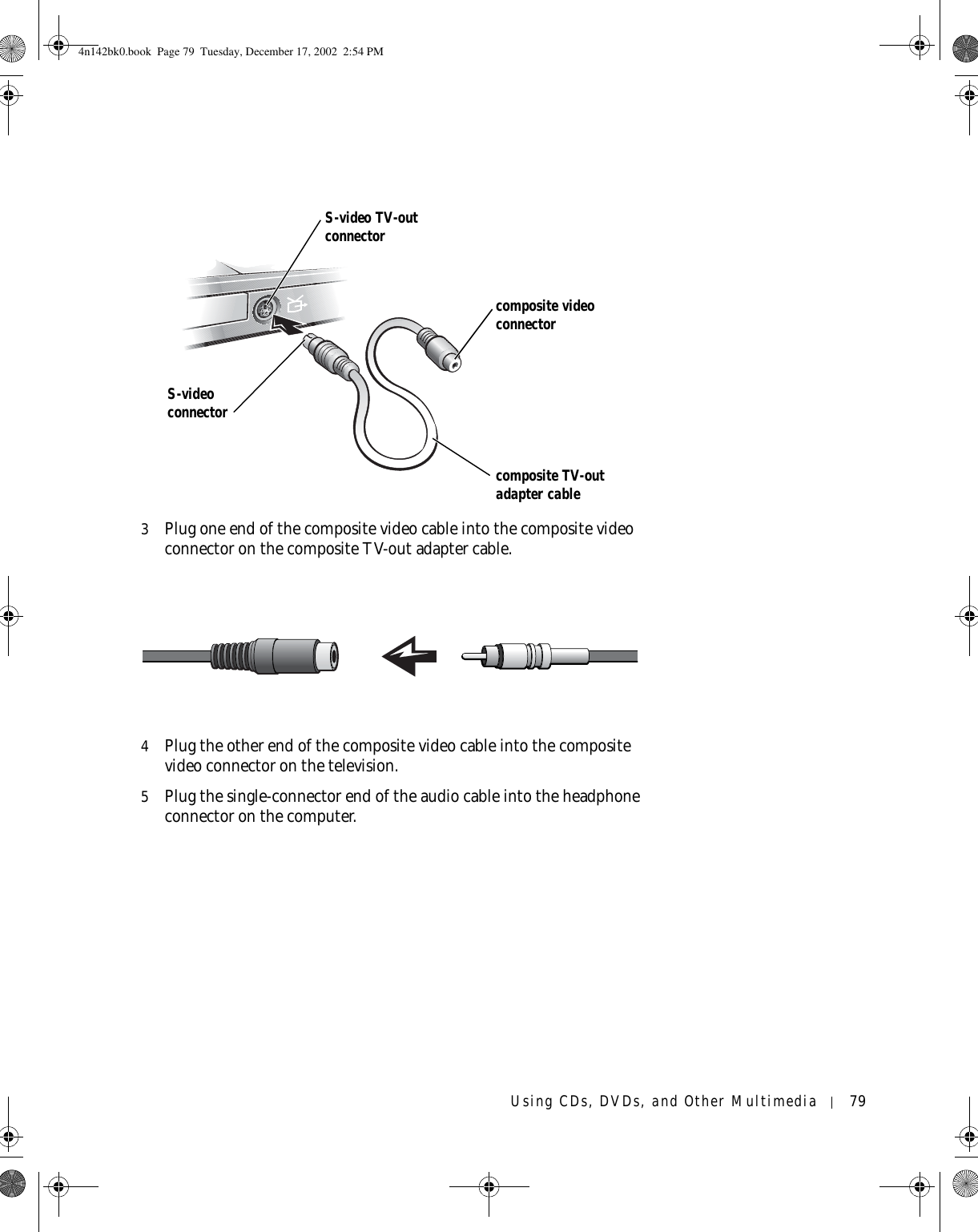 Using CDs, DVDs, and Other Multimedia 793Plug one end of the composite video cable into the composite video connector on the composite TV-out adapter cable.4Plug the other end of the composite video cable into the composite video connector on the television.5Plug the single-connector end of the audio cable into the headphone connector on the computer. S-video TV-out connectorS-video connectorcomposite TV-out adapter cablecomposite video connector4n142bk0.book  Page 79  Tuesday, December 17, 2002  2:54 PM