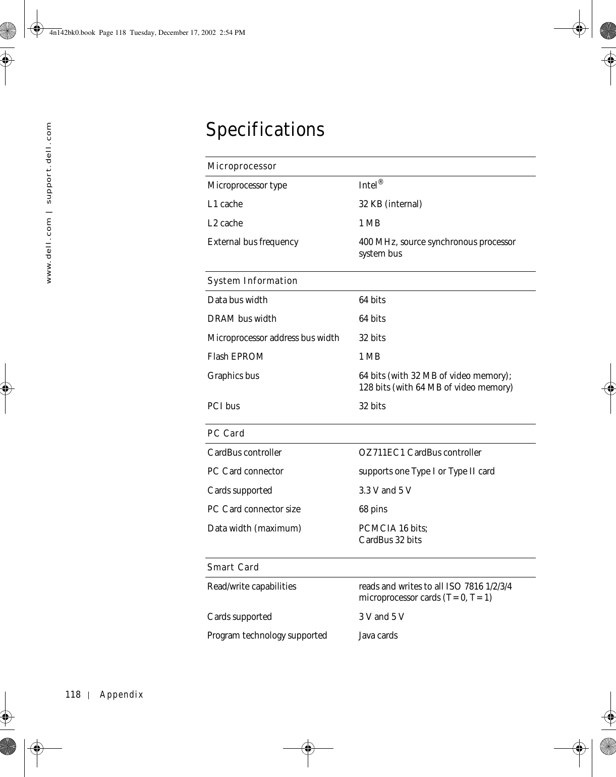 118 Appendixwww.dell.com | support.dell.comSpecificationsMicroprocessorMicroprocessor type Intel®L1 cache 32 KB (internal)L2 cache 1 MBExternal bus frequency 400 MHz, source synchronous processor system busSystem InformationData bus width 64 bitsDRAM bus width 64 bitsMicroprocessor address bus width 32 bitsFlash EPROM 1 MBGraphics bus 64 bits (with 32 MB of video memory);128 bits (with 64 MB of video memory)PCI bus 32 bitsPC CardCardBus controller OZ711EC1 CardBus controllerPC Card connector supports one Type I or Type II cardCards supported 3.3 V and 5 VPC Card connector size 68 pinsData width (maximum) PCMCIA 16 bits;CardBus 32 bitsSmart CardRead/write capabilities reads and writes to all ISO 7816 1/2/3/4 microprocessor cards (T=0, T=1)Cards supported 3 V and 5 VProgram technology supported Java cards4n142bk0.book  Page 118  Tuesday, December 17, 2002  2:54 PM