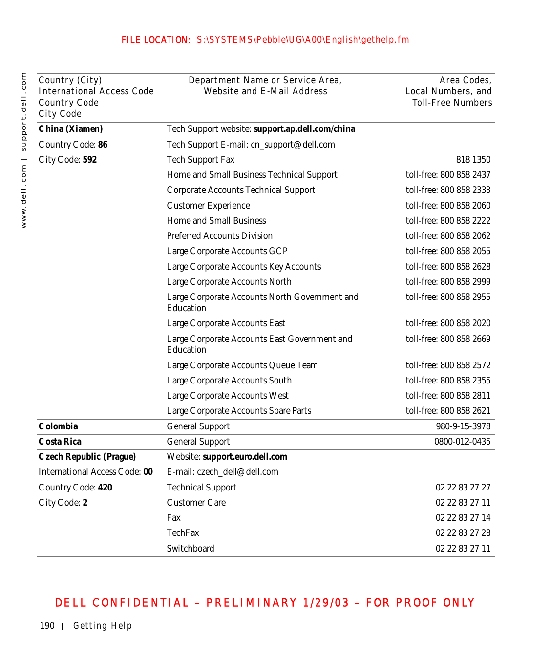 190 Getting Helpwww.dell.com | support.dell.comFILE LOCATION:  S:\SYSTEMS\Pebble\UG\A00\English\gethelp.fmDELL CONFIDENTIAL – PRELIMINARY 1/29/03 – FOR PROOF ONLYChina (Xiamen)Country Code: 86City Code: 592Tech Support website: support.ap.dell.com/chinaTech Support E-mail: cn_support@dell.comTech Support Fax 818 1350Home and Small Business Technical Support  toll-free: 800 858 2437Corporate Accounts Technical Support toll-free: 800 858 2333Customer Experience toll-free: 800 858 2060Home and Small Business toll-free: 800 858 2222Preferred Accounts Division toll-free: 800 858 2062Large Corporate Accounts GCP toll-free: 800 858 2055Large Corporate Accounts Key Accounts toll-free: 800 858 2628Large Corporate Accounts North toll-free: 800 858 2999Large Corporate Accounts North Government and Education toll-free: 800 858 2955Large Corporate Accounts East  toll-free: 800 858 2020Large Corporate Accounts East Government and Education toll-free: 800 858 2669Large Corporate Accounts Queue Team toll-free: 800 858 2572Large Corporate Accounts South toll-free: 800 858 2355Large Corporate Accounts West toll-free: 800 858 2811Large Corporate Accounts Spare Parts  toll-free: 800 858 2621Colombia General Support 980-9-15-3978Costa Rica General Support 0800-012-0435Czech Republic (Prague)International Access Code: 00Country Code: 420City Code: 2Website: support.euro.dell.comE-mail: czech_dell@dell.comTechnical Support 02 22 83 27 27Customer Care 02 22 83 27 11Fax 02 22 83 27 14TechFax 02 22 83 27 28Switchboard 02 22 83 27 11Country (City)International Access Code Country CodeCity CodeDepartment Name or Service Area,Website and E-Mail Address Area Codes,Local Numbers, andToll-Free Numbers