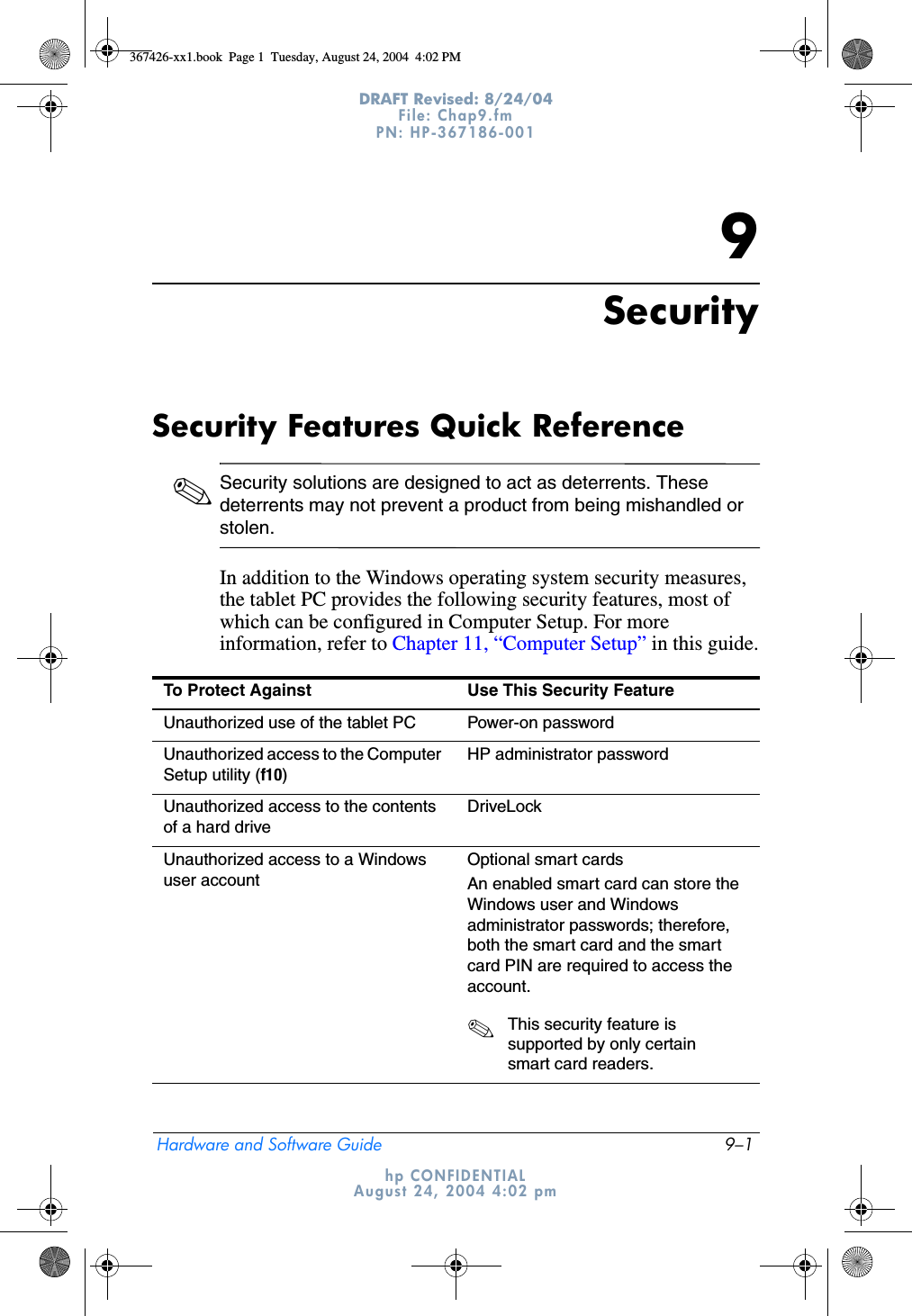 Hardware and Software Guide 9–1DRAFT Revised: 8/24/04File: Chap9.fm PN: HP-367186-001 hp CONFIDENTIALAugust 24, 2004 4:02 pm9SecuritySecurity Features Quick Reference✎Security solutions are designed to act as deterrents. These deterrents may not prevent a product from being mishandled or stolen.In addition to the Windows operating system security measures, the tablet PC provides the following security features, most of which can be configured in Computer Setup. For more information, refer to Chapter 11, “Computer Setup” in this guide.To Protect Against Use This Security FeatureUnauthorized use of the tablet PC Power-on passwordUnauthorized access to the Computer Setup utility (f10)HP administrator passwordUnauthorized access to the contents of a hard driveDriveLockUnauthorized access to a Windows user accountOptional smart cardsAn enabled smart card can store the Windows user and Windows administrator passwords; therefore, both the smart card and the smart card PIN are required to access the account.✎This security feature is supported by only certain smart card readers. 367426-xx1.book  Page 1  Tuesday, August 24, 2004  4:02 PM