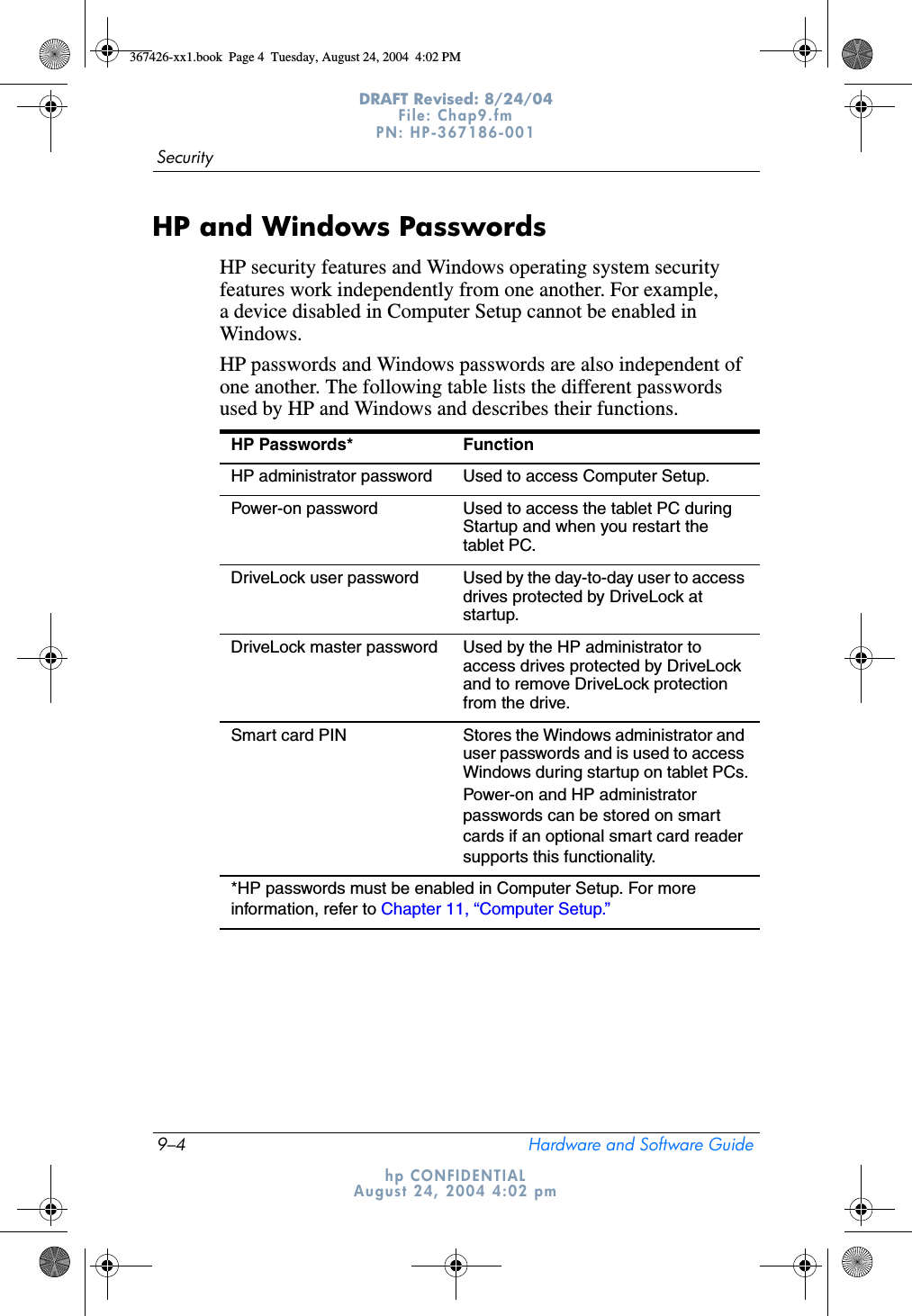 9–4 Hardware and Software GuideSecurityDRAFT Revised: 8/24/04File: Chap9.fm PN: HP-367186-001 hp CONFIDENTIALAugust 24, 2004 4:02 pmHP and Windows PasswordsHP security features and Windows operating system security features work independently from one another. For example, a device disabled in Computer Setup cannot be enabled in Windows.HP passwords and Windows passwords are also independent of one another. The following table lists the different passwords used by HP and Windows and describes their functions.HP Passwords* FunctionHP administrator password Used to access Computer Setup.Power-on password Used to access the tablet PC during Startup and when you restart the tablet PC.DriveLock user password Used by the day-to-day user to access drives protected by DriveLock at startup.DriveLock master password Used by the HP administrator to access drives protected by DriveLock and to remove DriveLock protection from the drive.Smart card PIN Stores the Windows administrator and user passwords and is used to access Windows during startup on tablet PCs.Power-on and HP administrator passwords can be stored on smart cards if an optional smart card reader supports this functionality.*HP passwords must be enabled in Computer Setup. For more information, refer to Chapter 11, “Computer Setup.”367426-xx1.book  Page 4  Tuesday, August 24, 2004  4:02 PM