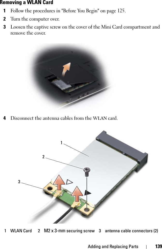 Adding and Replacing Parts 139Removing a WLAN Card1Follow the procedures in &quot;Before You Begin&quot; on page 125. 2Turn the computer over.3Loosen the captive screw on the cover of the Mini Card compartment and remove the cover.4Disconnect the antenna cables from the WLAN card.1WLAN Card 2M2 x 3-mm securing screw 3 antenna cable connectors (2)321