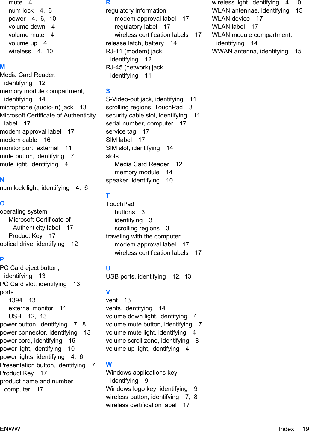 mute 4num lock 4,  6power 4,  6,  10volume down 4volume mute 4volume up 4wireless 4,  10MMedia Card Reader,identifying 12memory module compartment,identifying 14microphone (audio-in) jack 13Microsoft Certificate of Authenticitylabel 17modem approval label 17modem cable 16monitor port, external 11mute button, identifying 7mute light, identifying 4Nnum lock light, identifying 4,  6Ooperating systemMicrosoft Certificate ofAuthenticity label 17Product Key 17optical drive, identifying 12PPC Card eject button,identifying 13PC Card slot, identifying 13ports1394 13external monitor 11USB 12,  13power button, identifying 7,  8power connector, identifying 13power cord, identifying 16power light, identifying 10power lights, identifying 4,  6Presentation button, identifying 7Product Key 17product name and number,computer 17Rregulatory informationmodem approval label 17regulatory label 17wireless certification labels 17release latch, battery 14RJ-11 (modem) jack,identifying 12RJ-45 (network) jack,identifying 11SS-Video-out jack, identifying 11scrolling regions, TouchPad 3security cable slot, identifying 11serial number, computer 17service tag 17SIM label 17SIM slot, identifying 14slotsMedia Card Reader 12memory module 14speaker, identifying 10TTouchPadbuttons 3identifying 3scrolling regions 3traveling with the computermodem approval label 17wireless certification labels 17UUSB ports, identifying 12,  13Vvent 13vents, identifying 14volume down light, identifying 4volume mute button, identifying 7volume mute light, identifying 4volume scroll zone, identifying 8volume up light, identifying 4WWindows applications key,identifying 9Windows logo key, identifying 9wireless button, identifying 7,  8wireless certification label 17wireless light, identifying 4,  10WLAN antennae, identifying 15WLAN device 17WLAN label 17WLAN module compartment,identifying 14WWAN antenna, identifying 15ENWW Index 19
