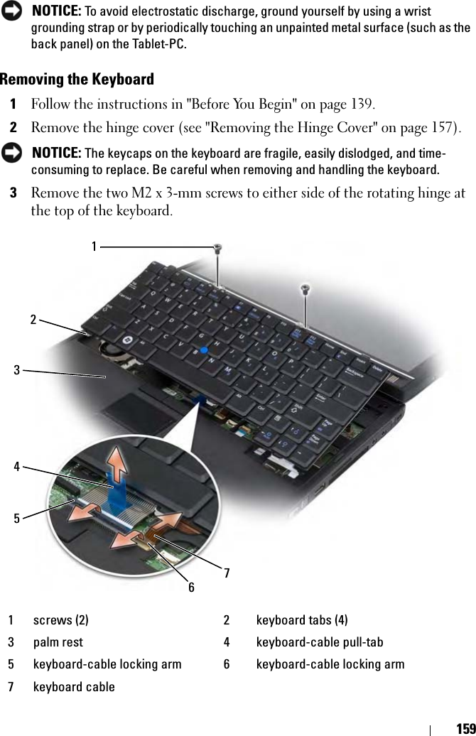 159 NOTICE: To avoid electrostatic discharge, ground yourself by using a wrist grounding strap or by periodically touching an unpainted metal surface (such as the back panel) on the Tablet-PC.Removing the Keyboard1Follow the instructions in &quot;Before You Begin&quot; on page 139.2Remove the hinge cover (see &quot;Removing the Hinge Cover&quot; on page 157). NOTICE: The keycaps on the keyboard are fragile, easily dislodged, and time-consuming to replace. Be careful when removing and handling the keyboard.3Remove the two M2 x 3-mm screws to either side of the rotating hinge at the top of the keyboard.1 screws (2) 2 keyboard tabs (4)3 palm rest 4 keyboard-cable pull-tab5 keyboard-cable locking arm 6 keyboard-cable locking arm7 keyboard cable2134567