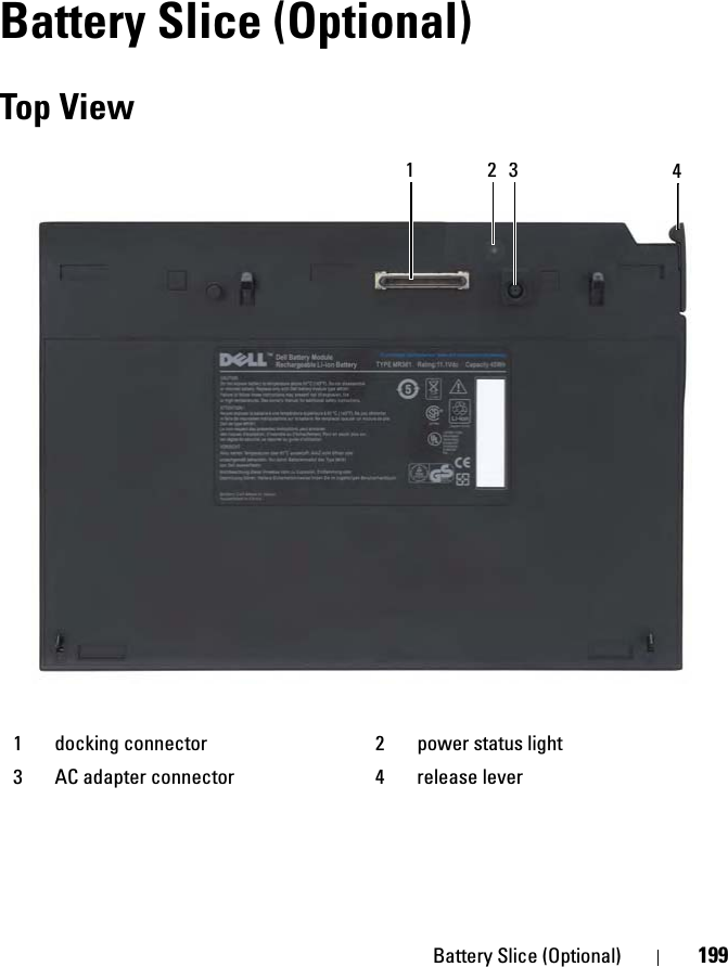 Battery Slice (Optional) 199Battery Slice (Optional)Top View1 docking connector 2 power status light3 AC adapter connector 4 release lever1 324