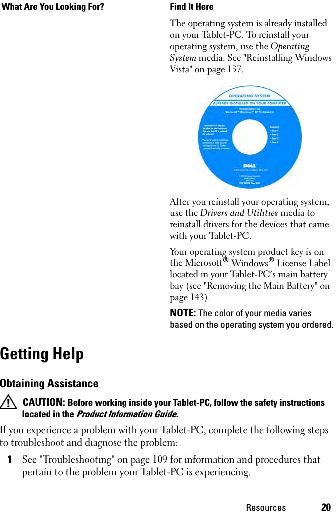 Resources 20Getting HelpObtaining Assistance CAUTION: Before working inside your Tablet-PC, follow the safety instructions located in the Product Information Guide.If you experience a problem with your Tablet-PC, complete the following steps to troubleshoot and diagnose the problem:1See &quot;Troubleshooting&quot; on page 109 for information and procedures that pertain to the problem your Tablet-PC is experiencing.The operating system is already installed on your Tablet-PC. To reinstall your operating system, use the Operating System media. See &quot;Reinstalling Windows Vista&quot; on page 137.After you reinstall your operating system, use the Drivers and Utilities media to reinstall drivers for the devices that came with your Tablet-PC.Your operating system product key is on the Microsoft® Windows® License Label located in your Tablet-PC’s main battery bay (see &quot;Removing the Main Battery&quot; on page 143).NOTE: The color of your media varies based on the operating system you ordered.What Are You Looking For? Find It Here