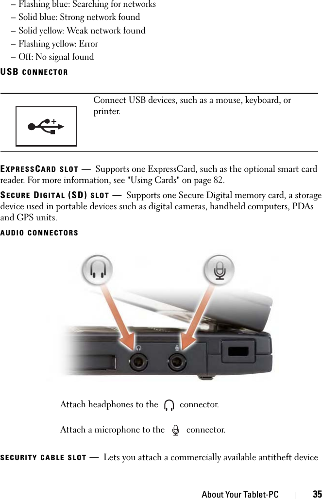 About Your Tablet-PC 35– Flashing blue: Searching for networks– Solid blue: Strong network found– Solid yellow: Weak network found– Flashing yellow: Error– Off: No signal foundUSB CONNECTOR EXPRESSCARD SLOT —Supports one ExpressCard, such as the optional smart card reader. For more information, see &quot;Using Cards&quot; on page 82.SECURE DIGITAL (SD) SLOT —Supports one Secure Digital memory card, a storage device used in portable devices such as digital cameras, handheld computers, PDAs and GPS units.AUDIO CONNECTORSSECURITY CABLE SLOT —Lets you attach a commercially available antitheft device Connect USB devices, such as a mouse, keyboard, or printer.Attach headphones to the   connector. Attach a microphone to the   connector.