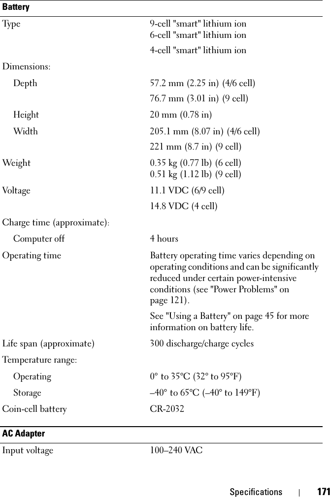 Specifications 171BatteryType 9-cell &quot;smart&quot; lithium ion 6-cell &quot;smart&quot; lithium ion4-cell &quot;smart&quot; lithium ionDimensions:Depth57.2 mm (2.25 in) (4/6 cell)76.7 mm (3.01 in) (9 cell)Height20 mm (0.78 in)Width205.1 mm (8.07 in) (4/6 cell)221 mm (8.7 in) (9 cell)Weight 0.35 kg (0.77 lb) (6 cell) 0.51 kg (1.12 lb) (9 cell)Voltage 11.1 VDC (6/9 cell)14.8 VDC (4 cell)Charge time (approximate):Computer off4 hoursOperating time Battery operating time varies depending on operating conditions and can be significantly reduced under certain power-intensive conditions (see &quot;Power Problems&quot; on page 121). See &quot;Using a Battery&quot; on page 45 for more information on battery life.Life span (approximate) 300 discharge/charge cyclesTemperature range:Operating0° to 35°C (32° to 95°F)Storage–40° to 65°C (–40° to 149°F)Coin-cell battery CR-2032AC AdapterInput voltage 100–240 VAC